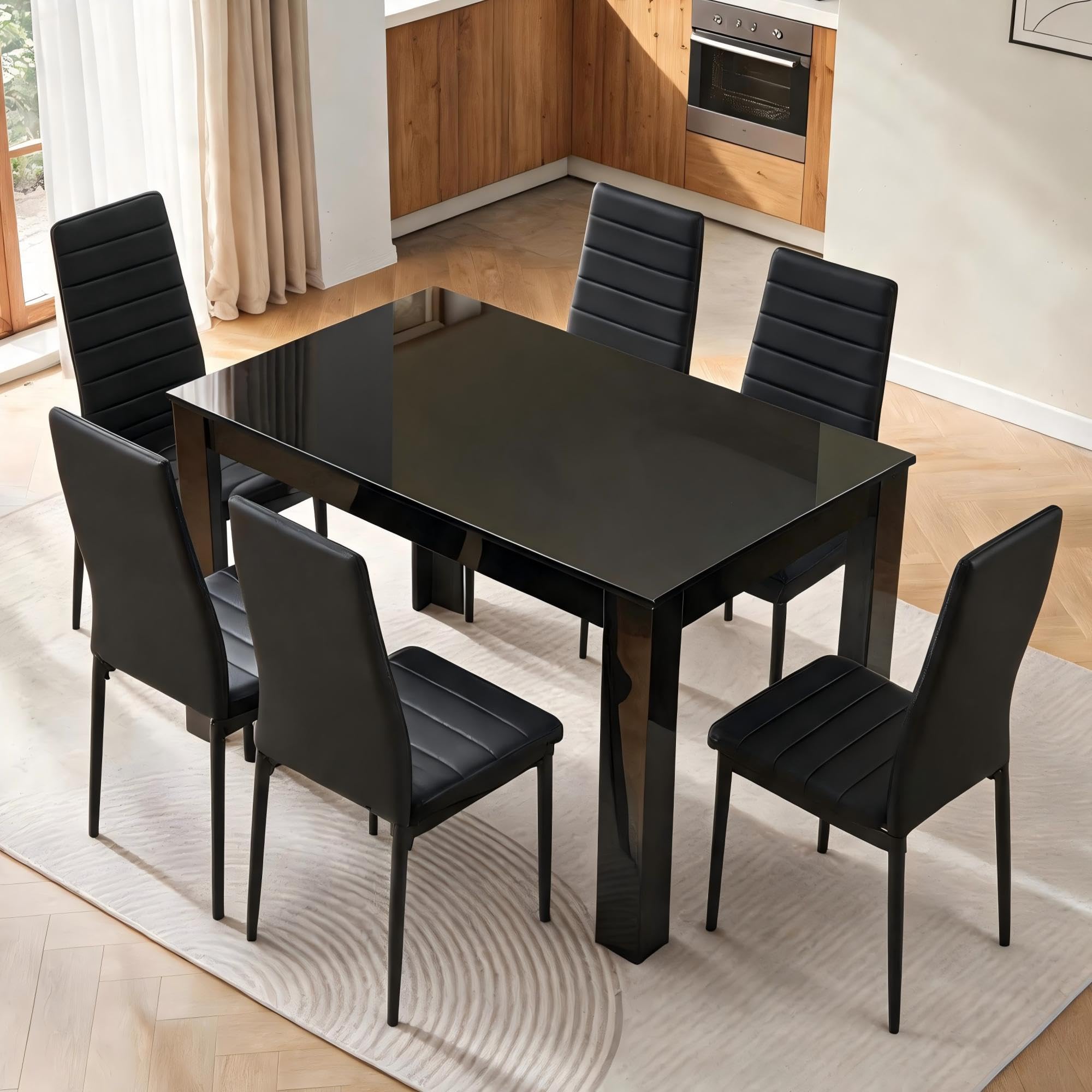 Homullel 120cm Dining Table and 6 Chairs, 6 Seater Kitchen Table and Chairs Set for Space Saving, Dining Room Set for 6, Black (6 Seaters, Faux Leather Black) โ image 1