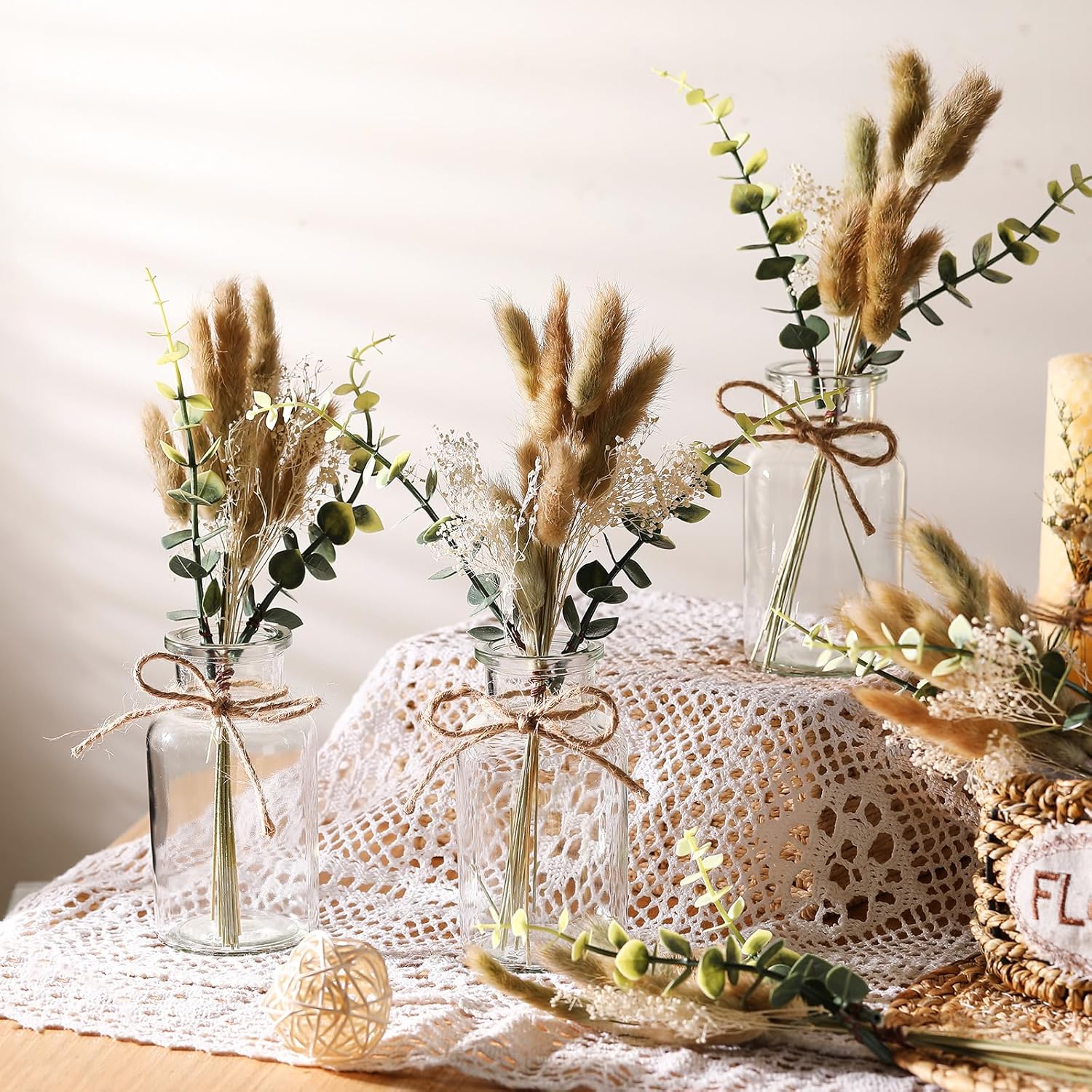 Janinka 10 Sets Mason Jar Table Centerpieces for Dining Room Boho Mason Jars for Centerpiece Vintage Glass Vase with Eucalyptus Leaves Dried Sage for Xmas Wedding Engagement Party - Image 3