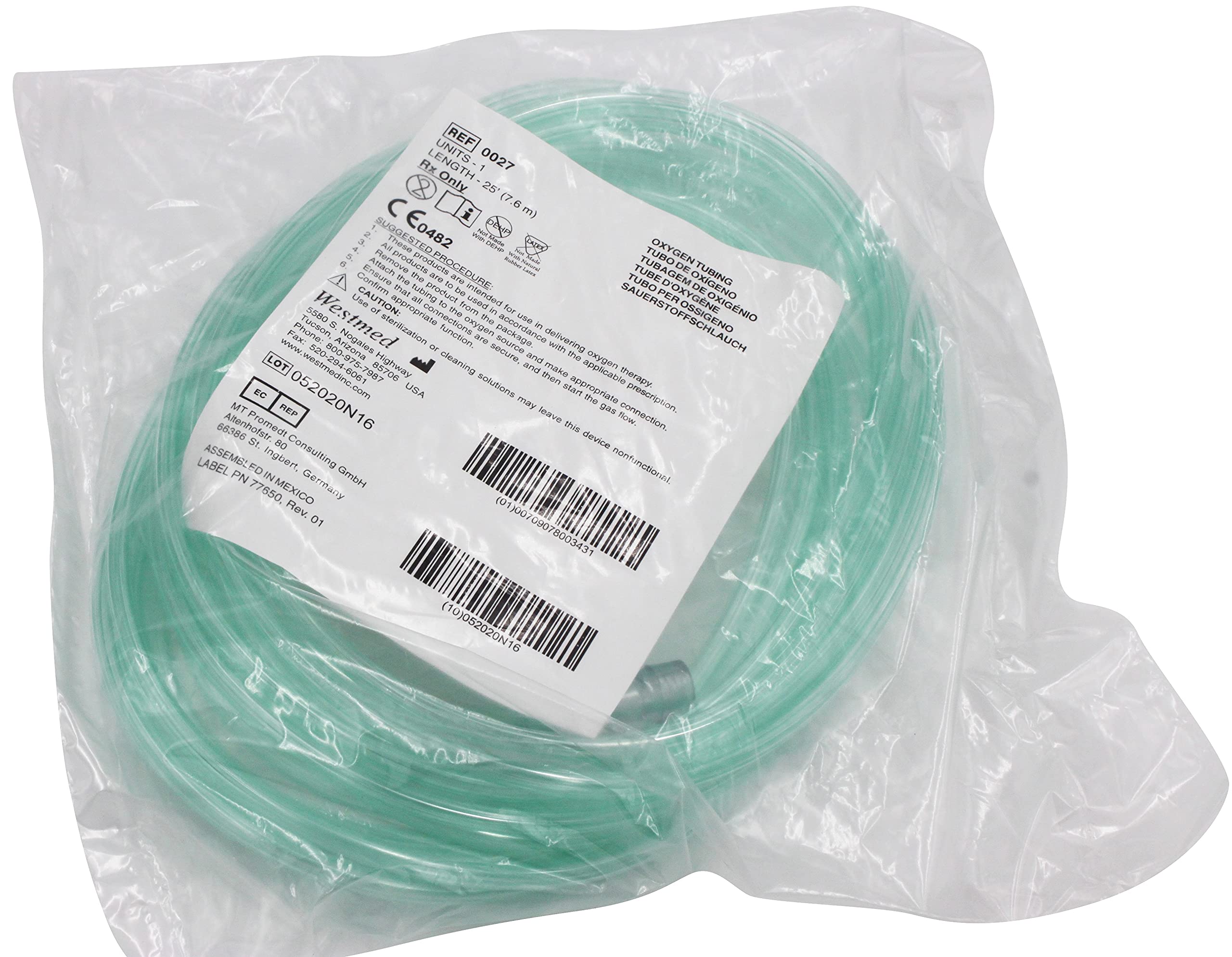 Westmed #0027 25' Green Kink Resistant Oxygen Supply Tubing - Pack of 1