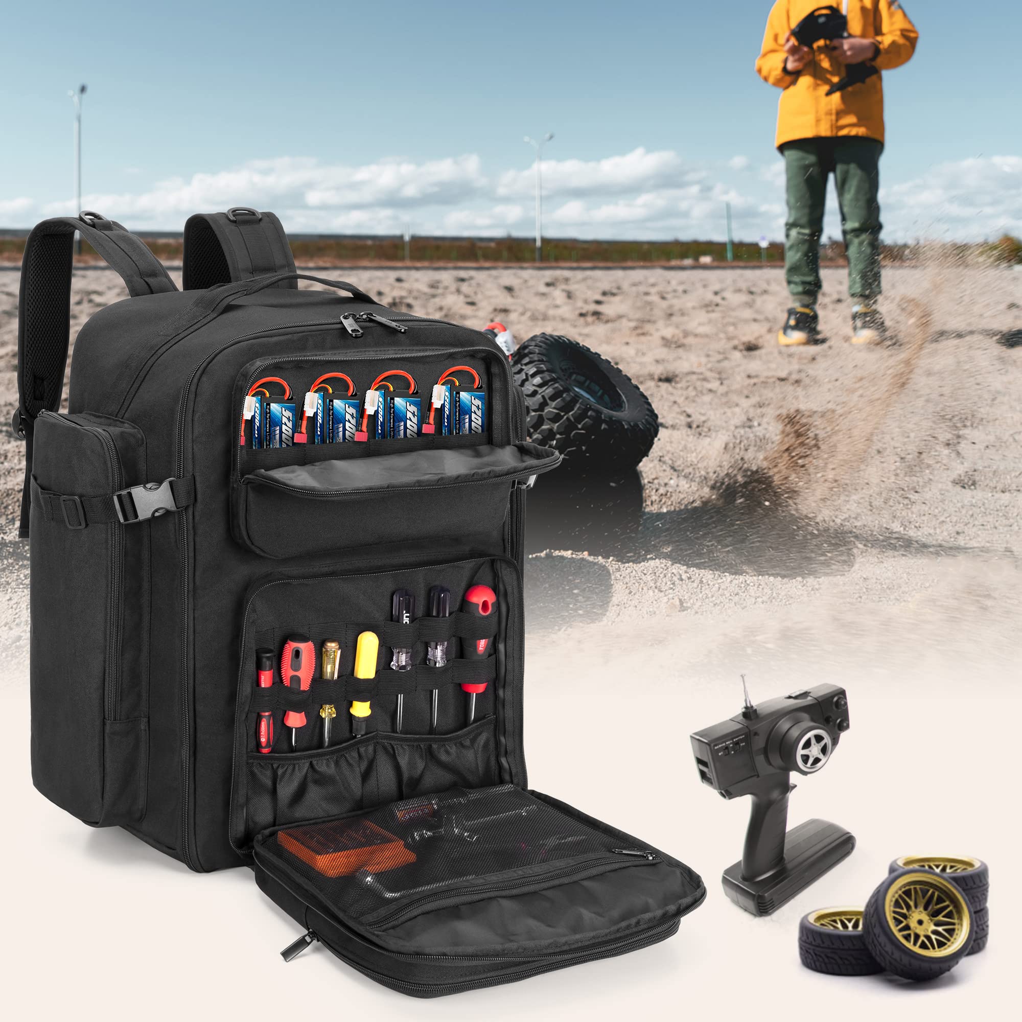 GOBUROS Mochila RC para coche 1/10, bolsa de almacenamiento RC con múltiples bolsillos para herramientas y otros accesorios, fácil de transportar con correa de hombro ajustable (diseño patentado)