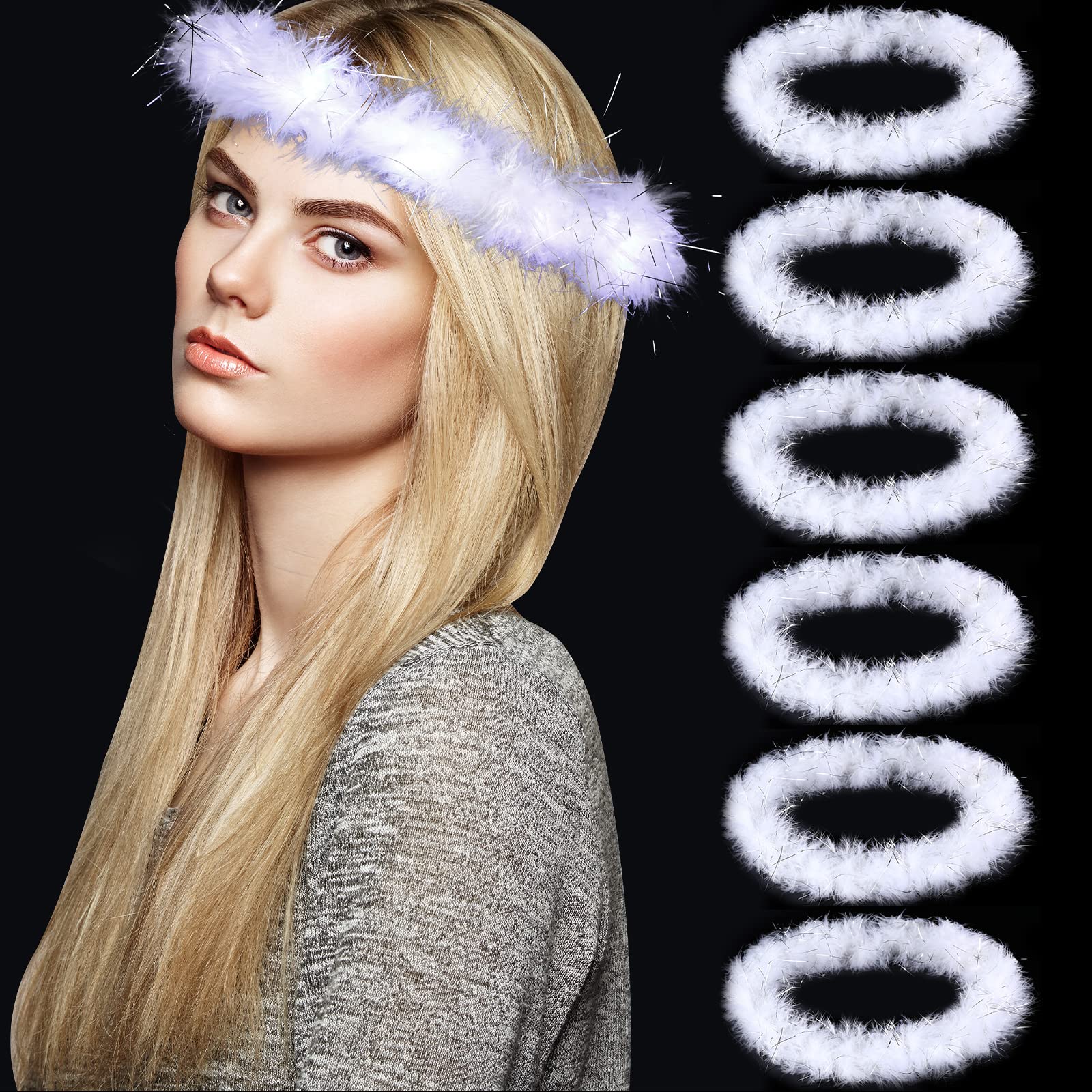 6 Pack White Angel Halo Headband LED Halo Hair Accessories Luminous Feather Headband Adjustable Light Up Crown White Lei with Turkey Feathers and White LED Lights Headband for Women and Girls