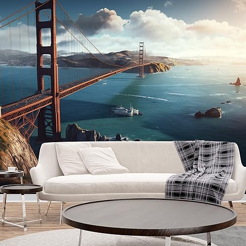 Miniatura 3 de DEKOROS.COM Golden Gate Bridge San Francisco City Pure Sky Mountains Landscape - Papel pintado de pared grande para dormitorio, oficina y sala de