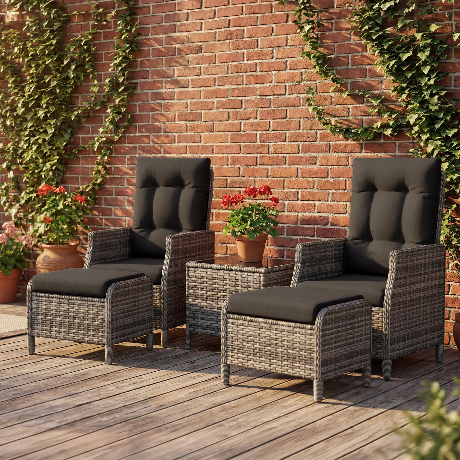 UDPATIO Rattan Gartenmöbel Set 5-teilig mit Verstellbaren Sessel, Fußhocker und Couchtisch | Lounge Möbel Outdoor Set | Balkonmöbel Kleiner Balkon | Wetterfest Terrassenmöbel | Schwarz