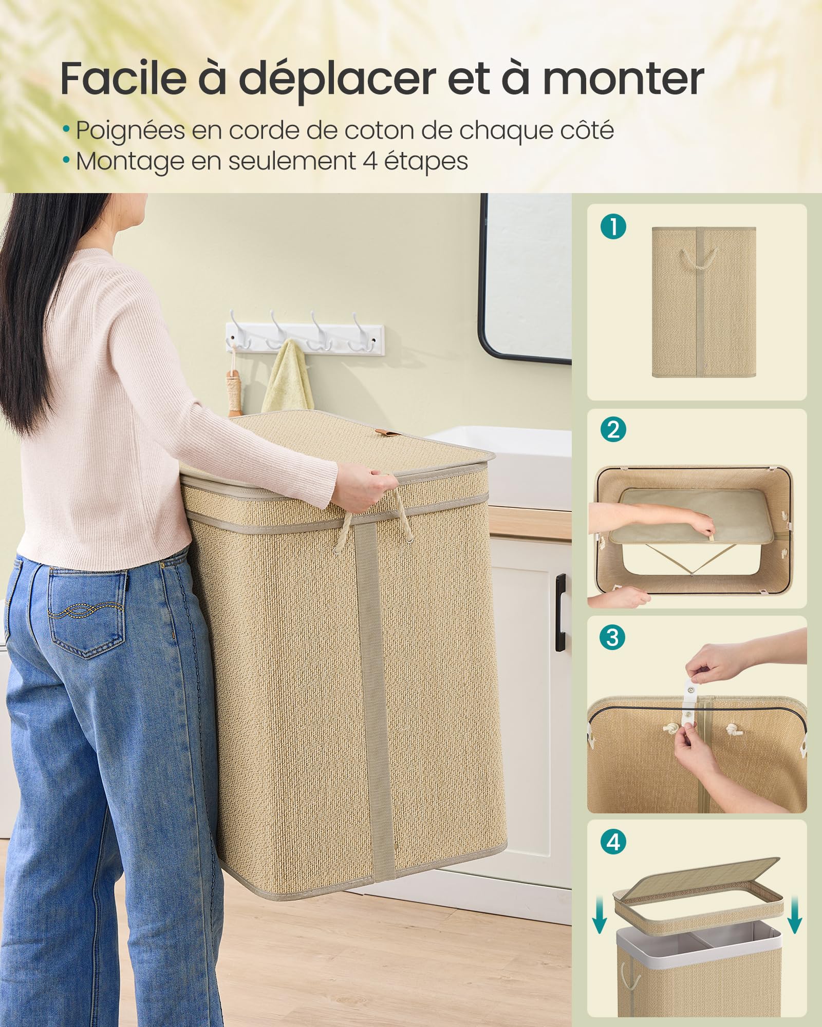 SONGMICS Bamboo Laundry Basket with 2 Compartments, Dirty Laundry Basket, 130 Litres, Removable and Machine Washable Bag, Lid, Handles, Laundry Room, Bedroom, Living Room, Natural Colour LCB068Y01
