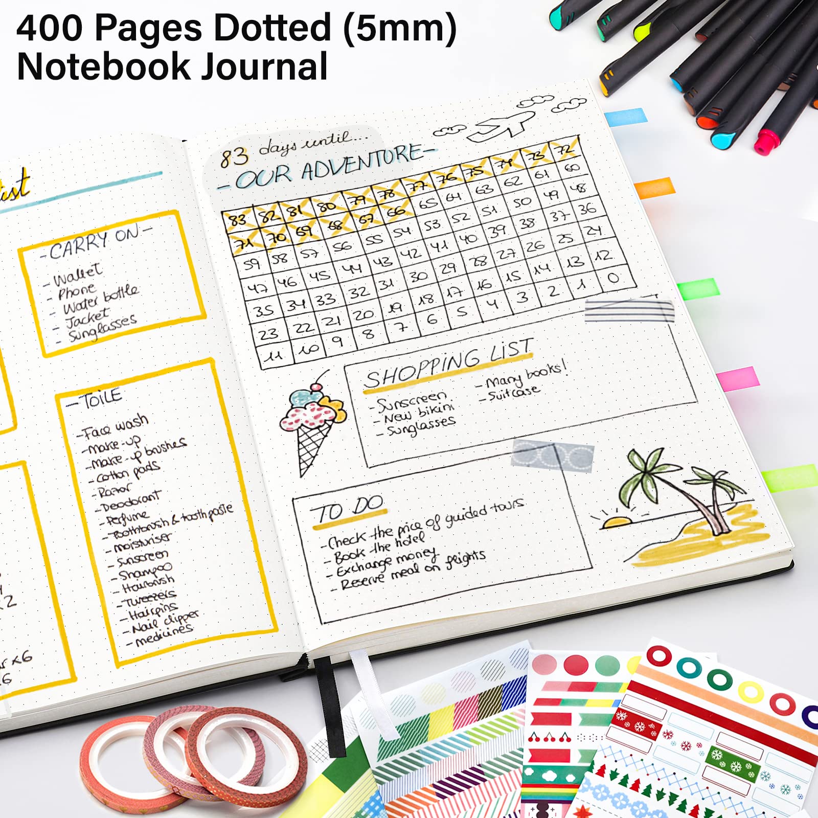 A4 NotizbuchTagebuch, 400 Seiten gepunktetes Notizbuch, Leder gepunktetes Tagebuch zum Schreiben, Bullet, 21,6 x 27,9 cm, 125 Stück klebrige Tabs, Innentasche, Punktraster Notizbuch für Arbeit