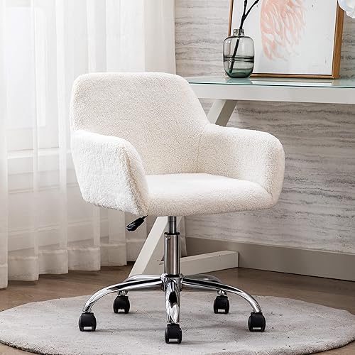 Goujxcy Silla de escritorio esponjosa, silla de tocador de piel sintética blanca, silla giratoria de oficina para niñas y mujeres, altura ajustable,