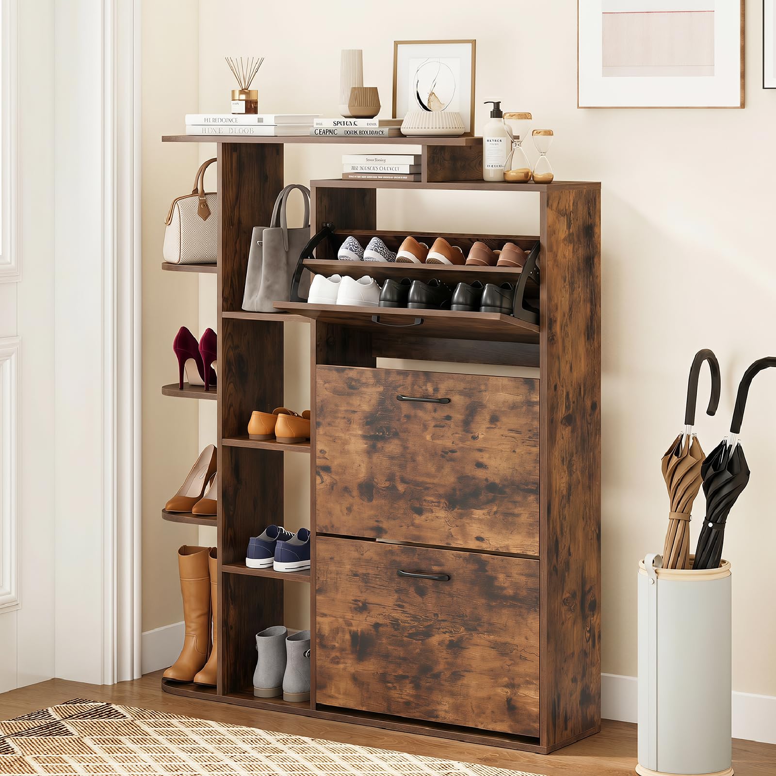 COSTWAY Slim Shoe Cabinet with 3 Flip Drawers, Open Shelves (Rustic Brown)