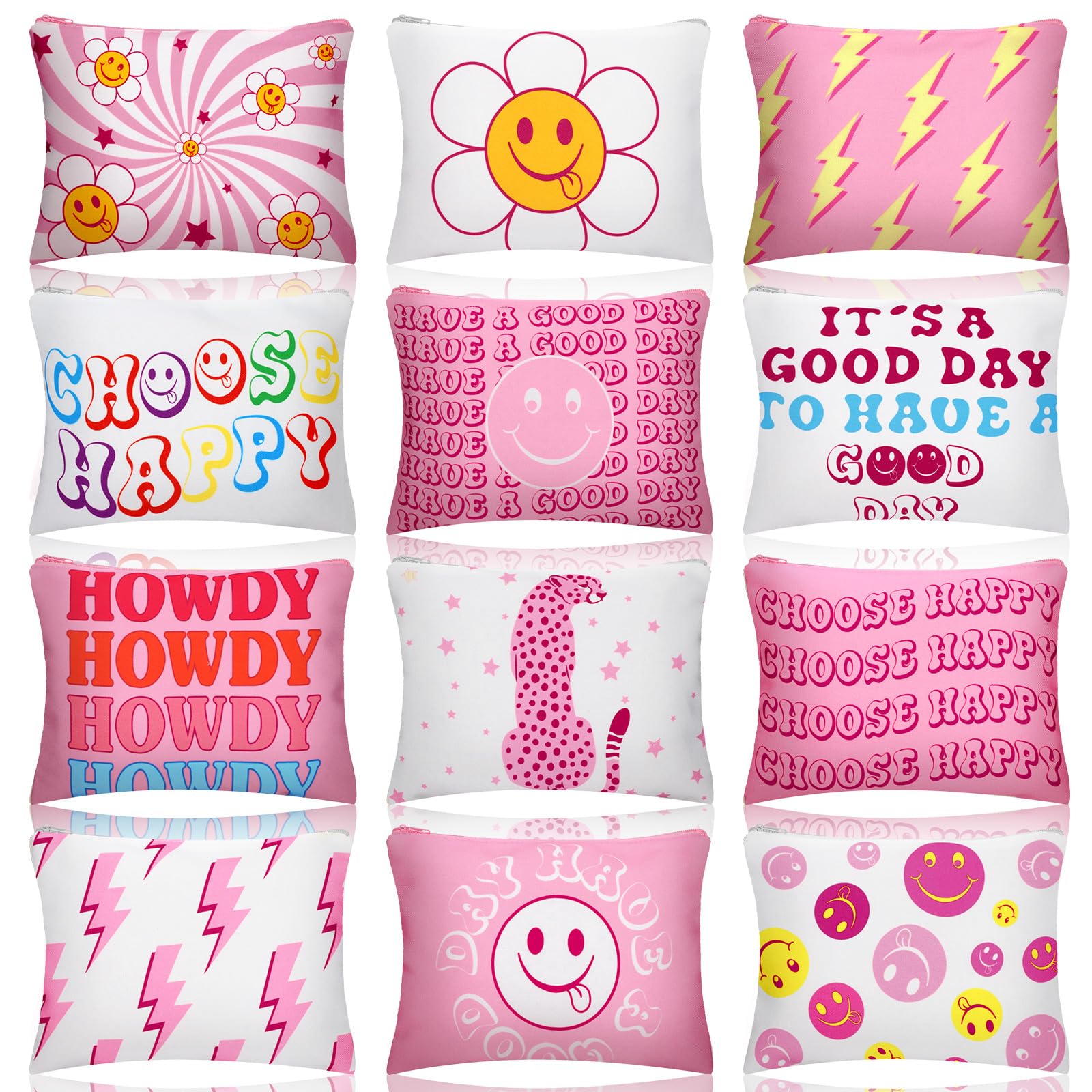Kajaia 12 Pcs Preppy Makeup Bags Bulk Pink Preppy Party Favors Large Zippered Smile Face Cosmetic Bag Portable Pouch Travel Toiletry Organizer
