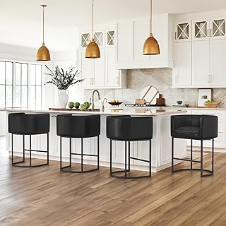 LUE BONA 27" H Counter Height Bar Stools Set of 4, Modern Barrel Counter Stools with Backrest and Arms, Black Metal Frames,Faux Leather Upholstered Accent Barstools for Kitchen Island,Black