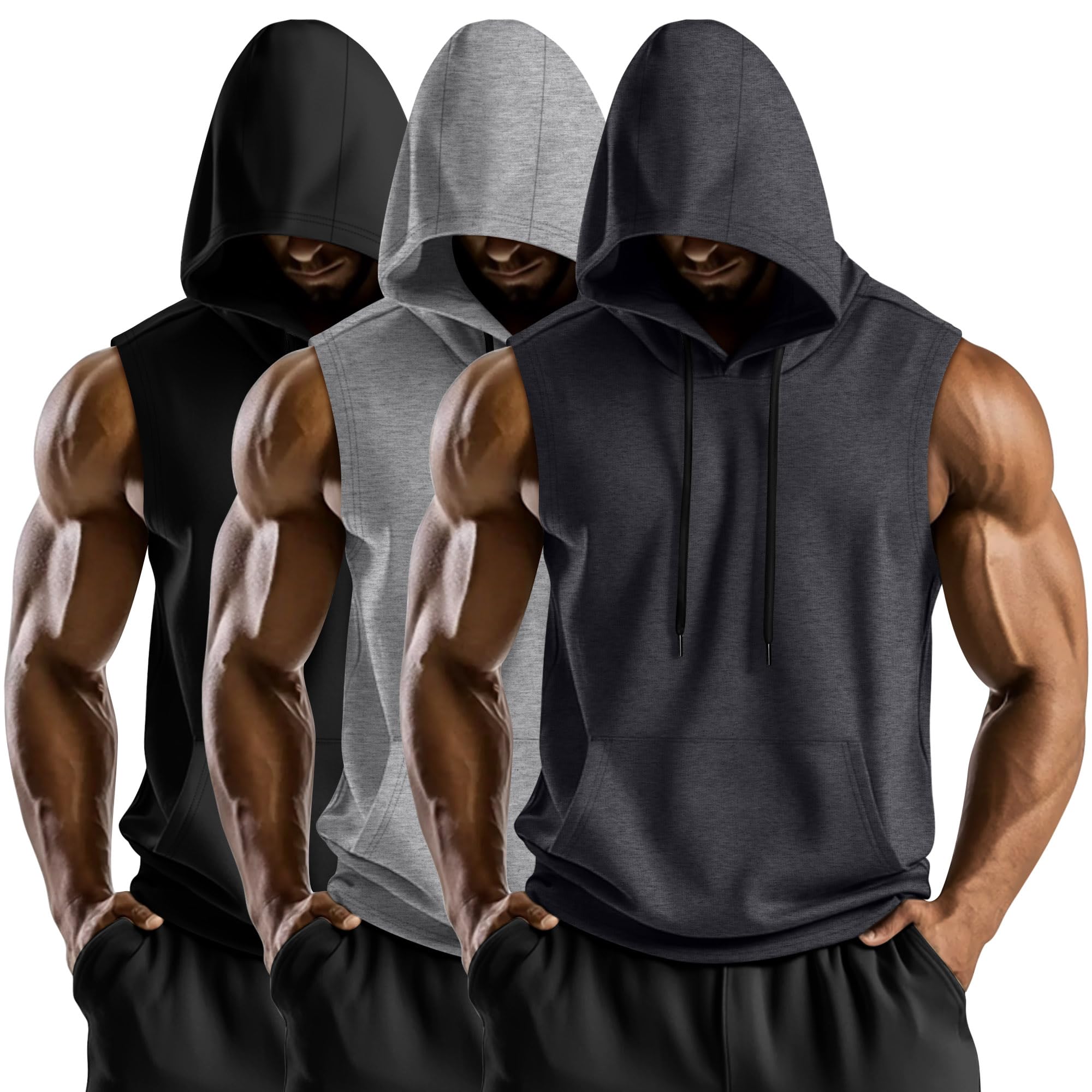 August Alley 3 Pack Men's Hooded Tank Tops, Workout Sleeveless Gym Hoodie Muscle Bodybuilding Running Cut Off Shirts