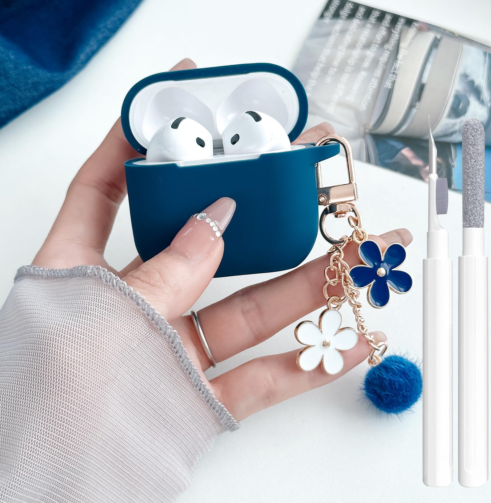 Cute Blue Case for Airpods 4 Cover for Girl Women with Pom pom Flower Keychain & Cleaner Kit, Soft Silicone Airpods iPod 4th Gen Protective Cover Skin