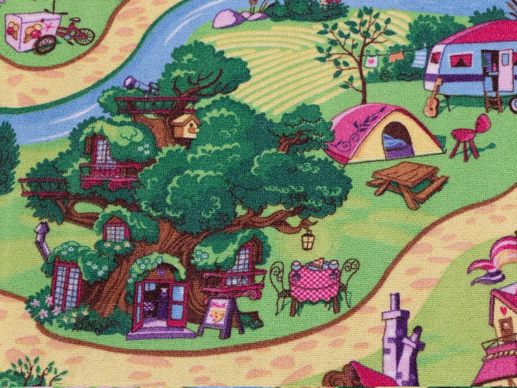Primaflor Kinderteppich CANDY TOWN rosa 160 x 200 cm Interaktiver Straßenteppich mit Märchenkulisse, kurzflorige Kindermatte mit Straßen und Flüssen, CE geprüft, pflegeleicht, Fußbodenheizung geeignet