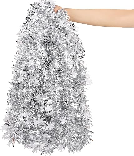 Miniatura 10 de FOIMAS Guirnalda de Navidad de oropel de 33 pies, guirnalda de Navidad metálica roja y verde con guirnalda colgante de copo de nieve para árbol de