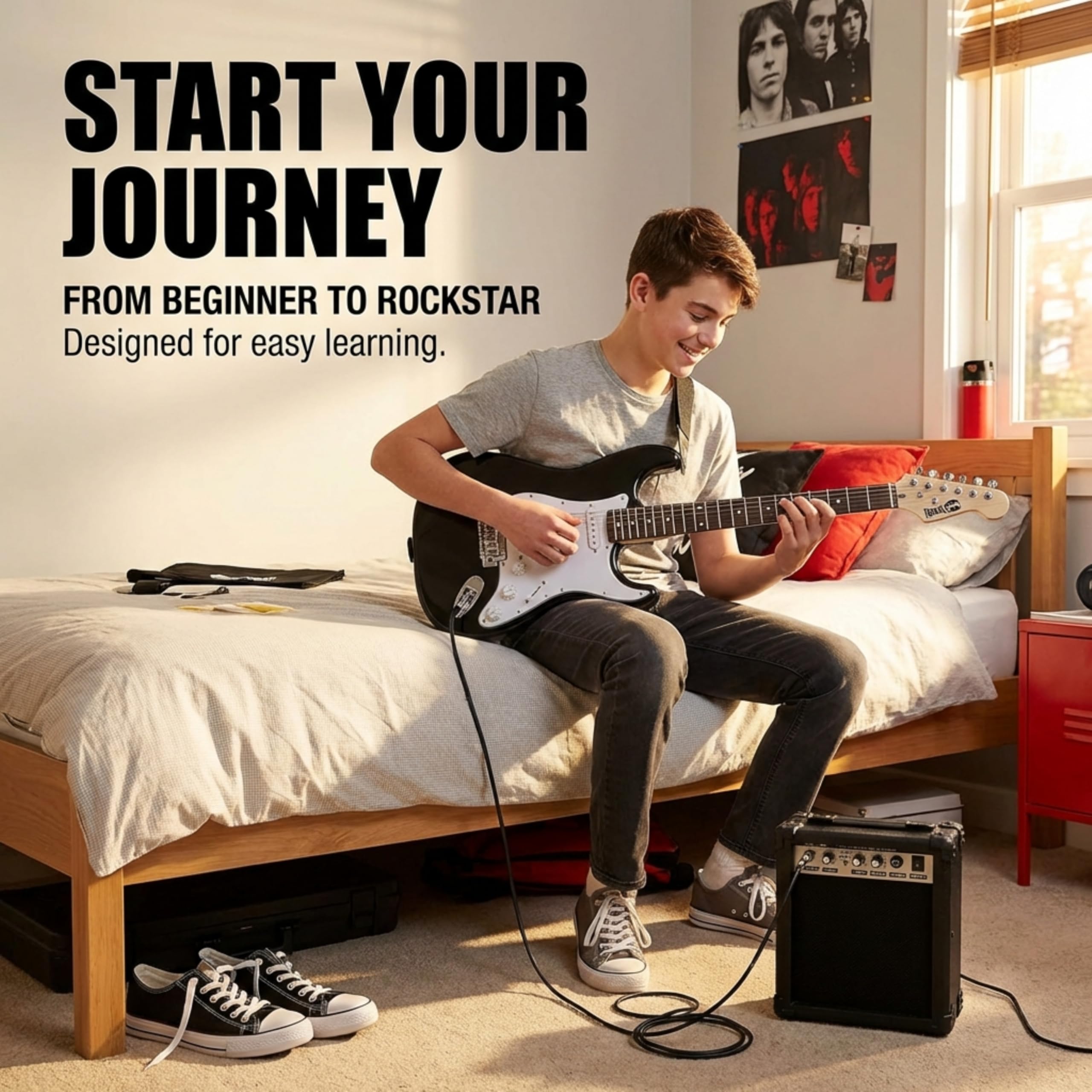 Kit per chitarra elettrica RockJam con amplificatore, borsa, vibrato, tracolla, cavo, corde di ricambio e lezioni