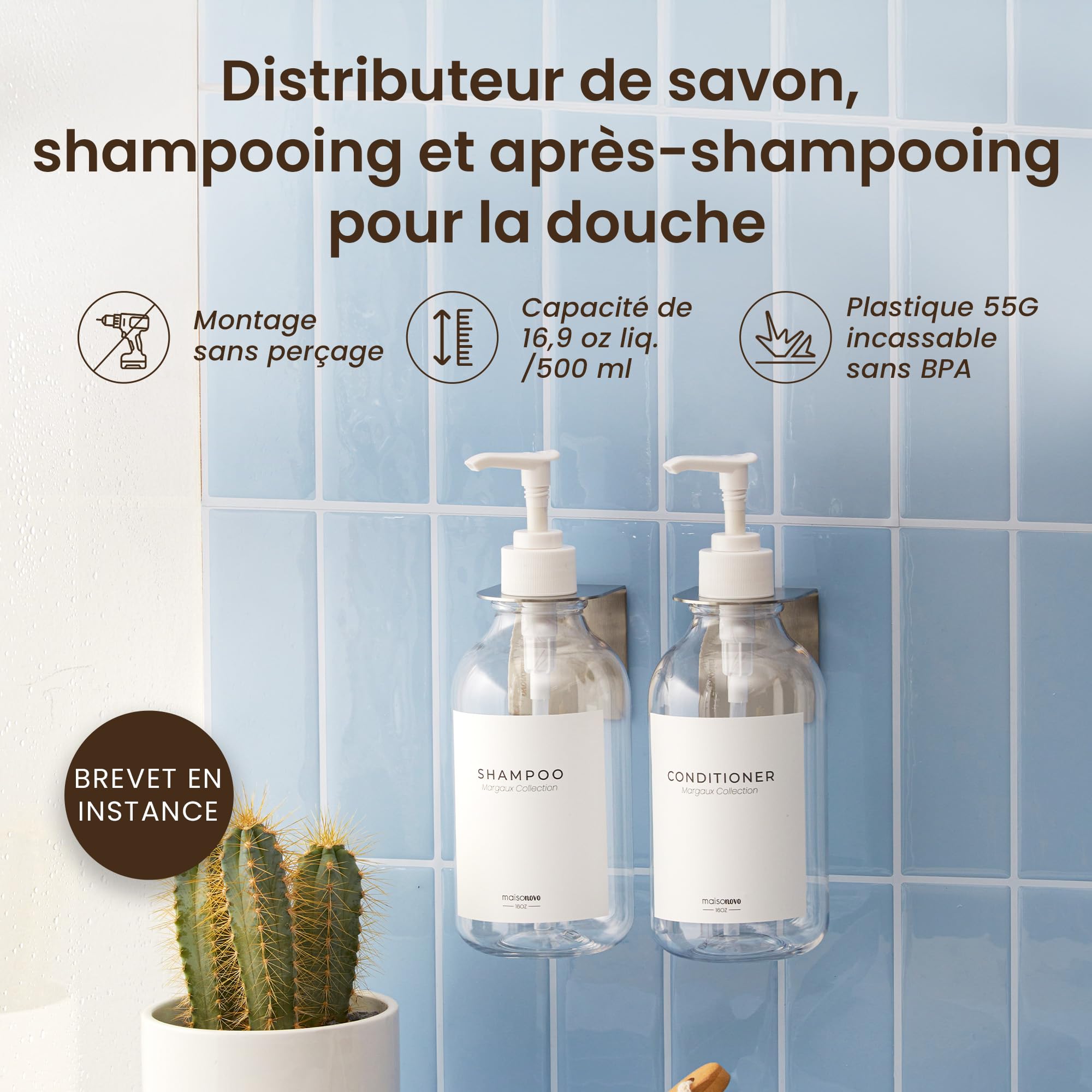 MaisoNovo Distributeur Savon Mural sans Percage Lot De 2-500ml Transparentes Distributeur Shampoing Et Gel Douche avec Pompes Blanche - Fixation Sécurisée