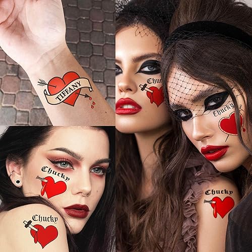 Miniatura 5 de COKTAK Juego de 36 piezas de tatuajes de corazón de novia de Chucky para mujeres, hombres, niños y adultos, kit de maquillaje de Zombie Chucky
