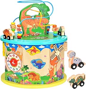 Amagoing Large Dinosaur Activity Cube, Baby Educational Toys Wooden Activity Center Bead Maze with Shape Sorter for Kids 11 in 1
