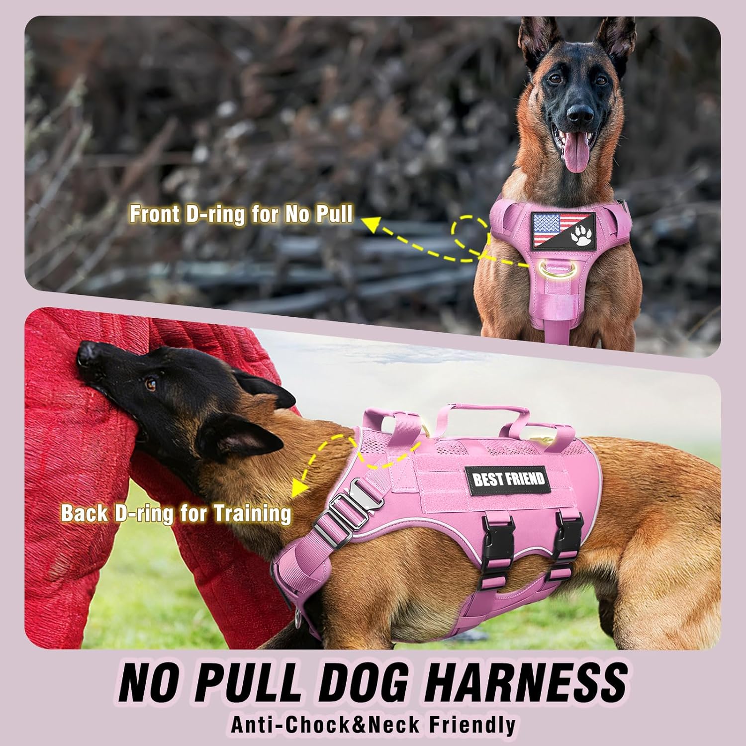 Tactical Dog Harness Medium Sized Dog with Metal Buckles,Breathable Air Mesh Service Dog Vest,Military Molle Harness with 3 Durable Handles for Training Hiking Hunting Working Pink M