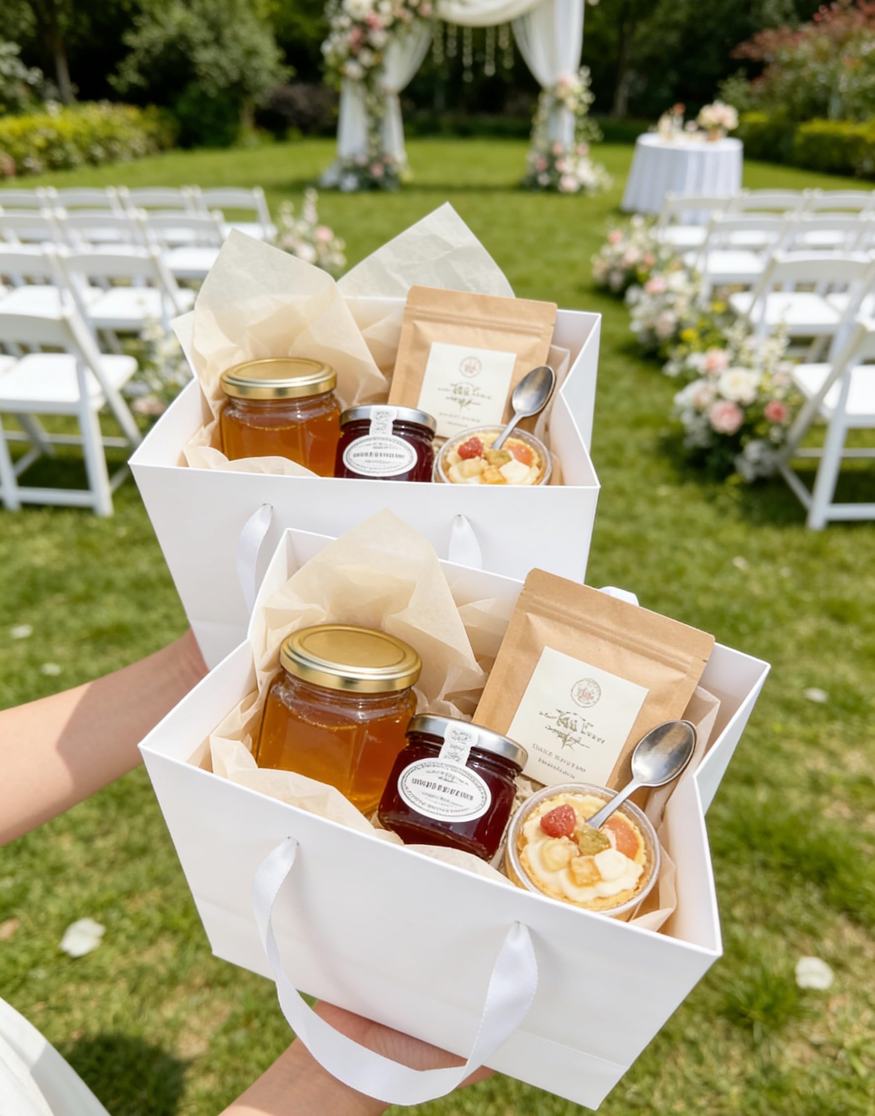 Treelement White 6 Pcs Gift Bags with Tissue Paper and Greeting Cards, 7×4×9 Inch Gift Bags with Handle for Wedding, Birthday, Party Favors, Baby Shower and Holiday Gifting.