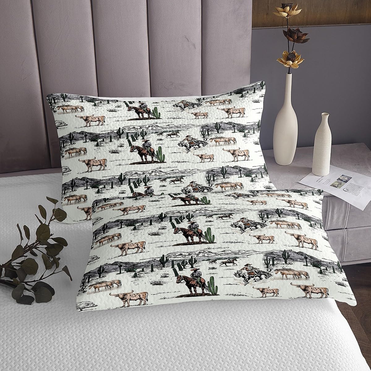 Western Cowboy Bedspread Twin Size,Vintage Southwest Style Comforter Set Desert Cactus Cow Horse Animals Bedding Quilt for Kids Boys Girls Adult Room Decor,Grey Brown White Coverlet Set 2Pcs - Image 4