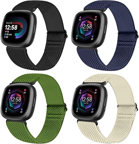 Paquete de 4 bandas elásticas compatibles con Fitbit Versa 43  Sense 2, correas deportivas de repuesto ajustables de nailon para mujeres y hombres
