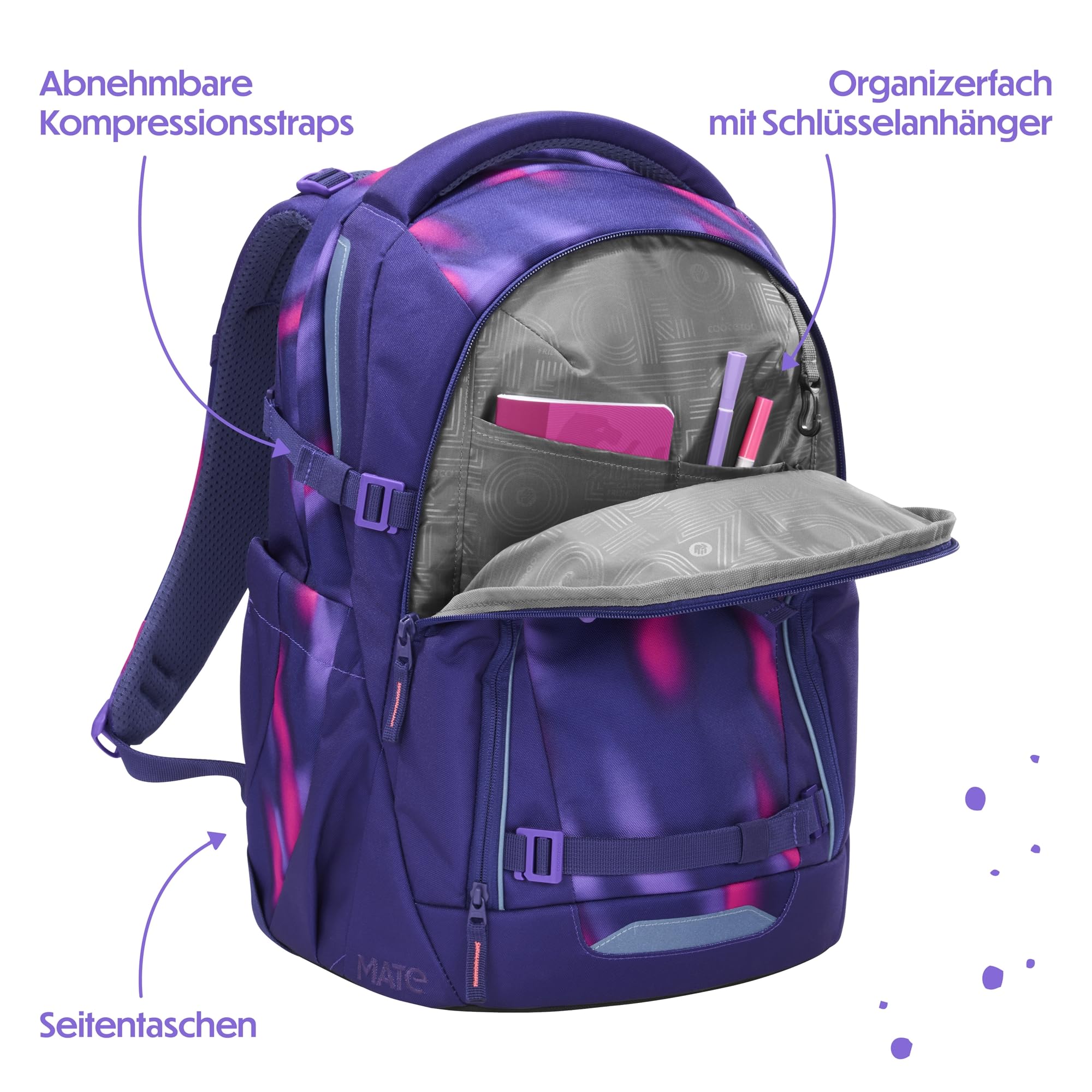 Coocazoo Mate - Zaino per la scuola, ergonomico, regolabile in altezza e dimensione, con cintura toracica e cintura in vita, Aurora Glow - Viola, Aurora Glow