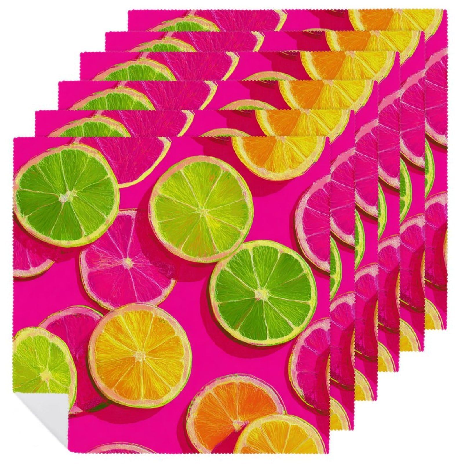 Bright Lemon And Lime Neon Slices Cloth Napkins Set of 6, Square Premium Reusable Washable Polyester Table Linen Napkin for Dinner Party