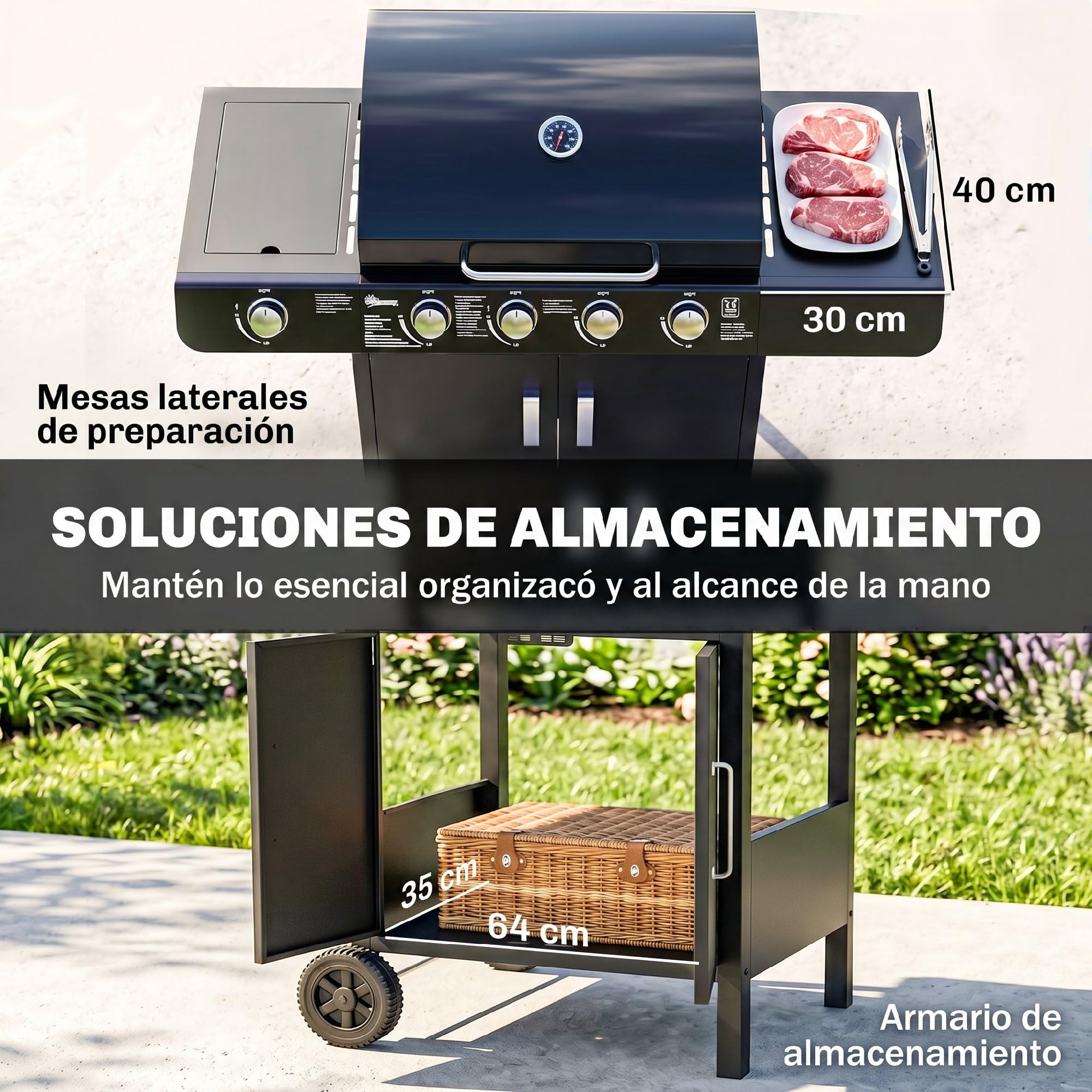 Outsunny Barbacoa de Gas con 4+1 Quemadores 14,4 KW Mesas Laterales Armario de Almacenaje Termómetro y 2 Ruedas Acero Inoxidable BBQ 125x51x100 cm Negro