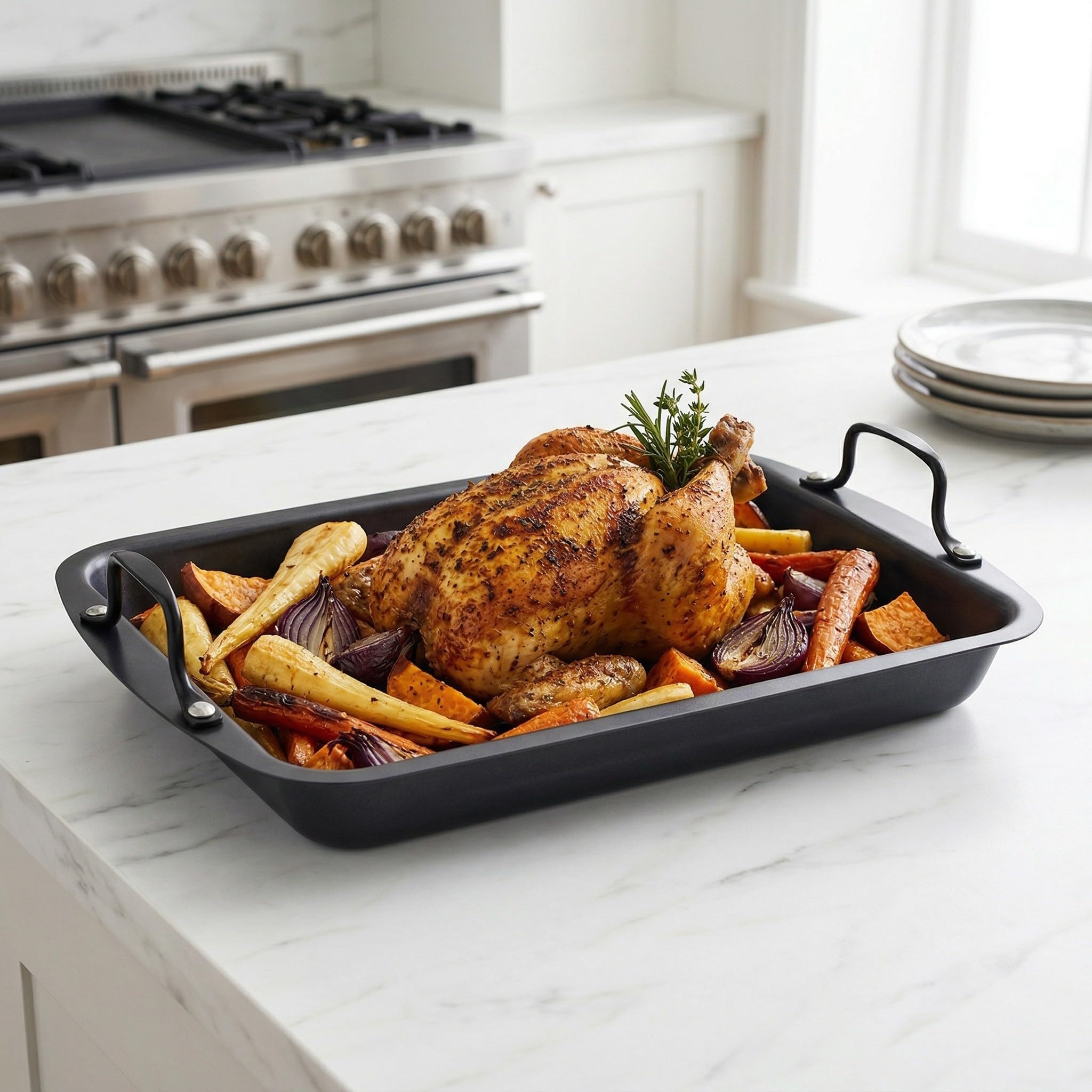 Bandeja para Asar de Acero Inoxidable Recubrimiento Antiadherente, Distribución Uniforme del Calor y Diseño Rectangular para Cocinar Pescados y Carnes