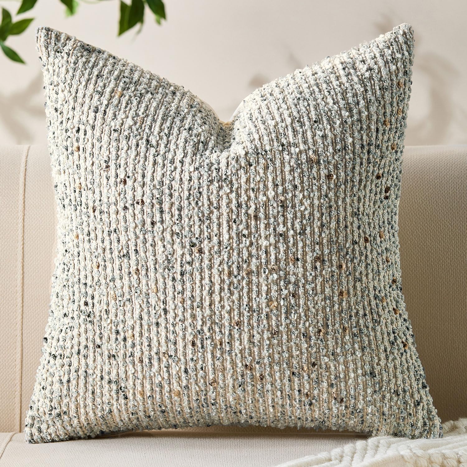 Decorative Couch Throw Pillow Covers 20x20 Set of 2 Cream Gray Striped Soft Wool Pillow Covers Neutral Textured Boho Cushion Covers for Modern Farmhouse Sofa Bedroom Living Room Decor SY012-B20