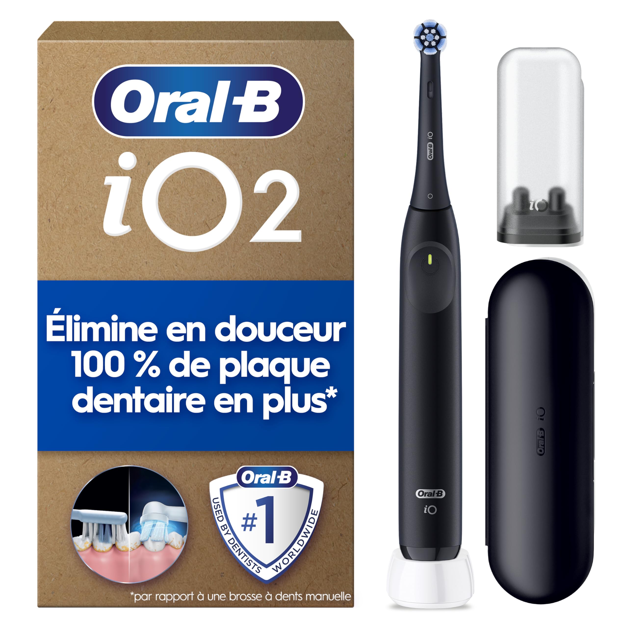 Oral-B iO 2 Black Electric Toothbrush, 3 Cleaning Modes, Soft & Silent Brushing, Pressure Sensor, Replacement Oral B Brush Replacement, Charger, Travel Case, Carton Packaging