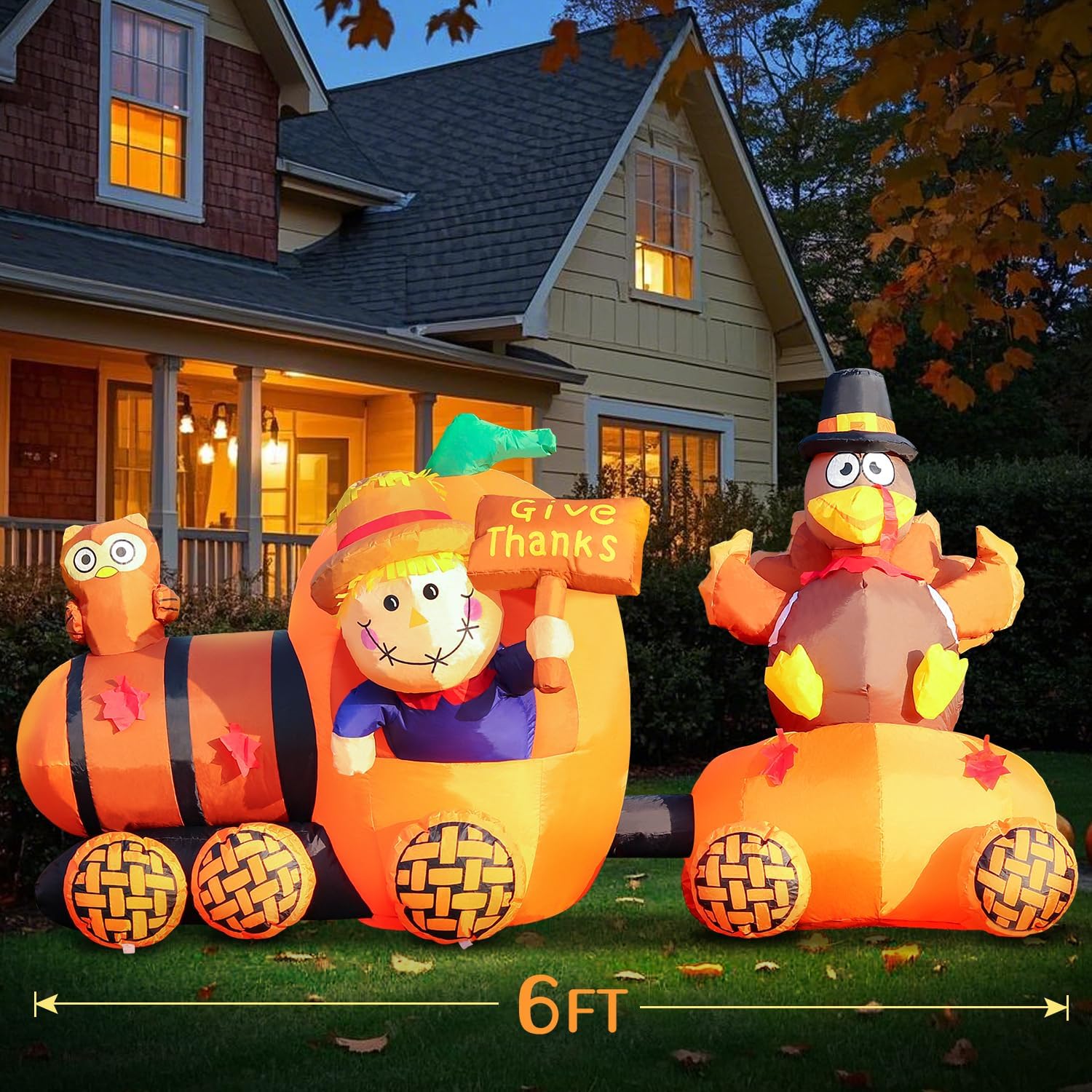 DomKom 6FT Thanksgiving Lighted Inflatable Scarecrow Driving Pumpkin Train with Turkey, Fall Yard Decoration - Outdoor Animated Blow Up Decor with LED Lights for Lawn, Garden Party
