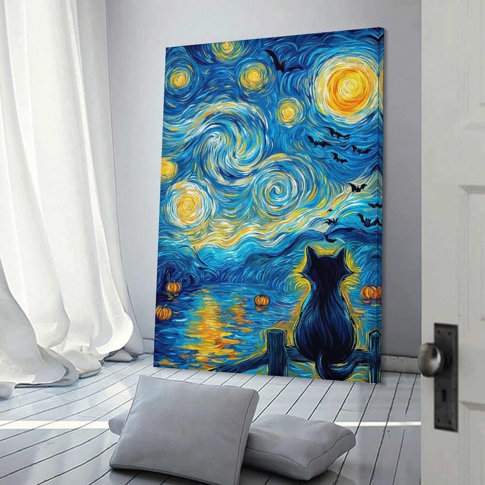 Junmoney Frame-Style-16 Starry Halloween Night With Black Cat Canvas Wall Decor, 16X24inch(40X60cm), For Wall Displays, Bedrooms Or Room Updates, Wall Decor Suited To Curated Displays