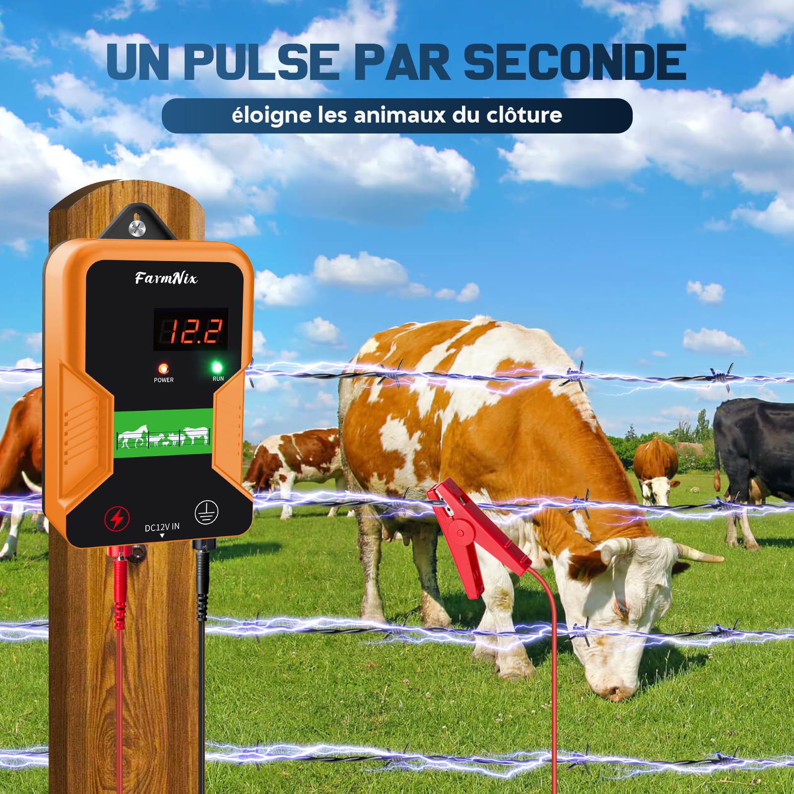 15KM Clôture Électrique pour Bétail Animaux, Électrificateur de Clôture Électrique, Haute Puissance 12V 2.0J 10 Miles, Protection pour Chevaux Bovins Vache Moutons Volaille Ferme Jardin Pâturages