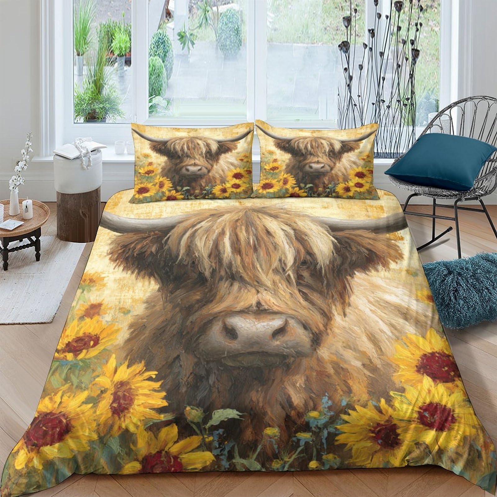GPLZQXKJNH 3D Printed Highland Cow Sunflower Duvet Cover Microfiber Soft Breathable Floral Bedding Set with 2 Pillowcases for Bedroom Decor Single（135x200cm）