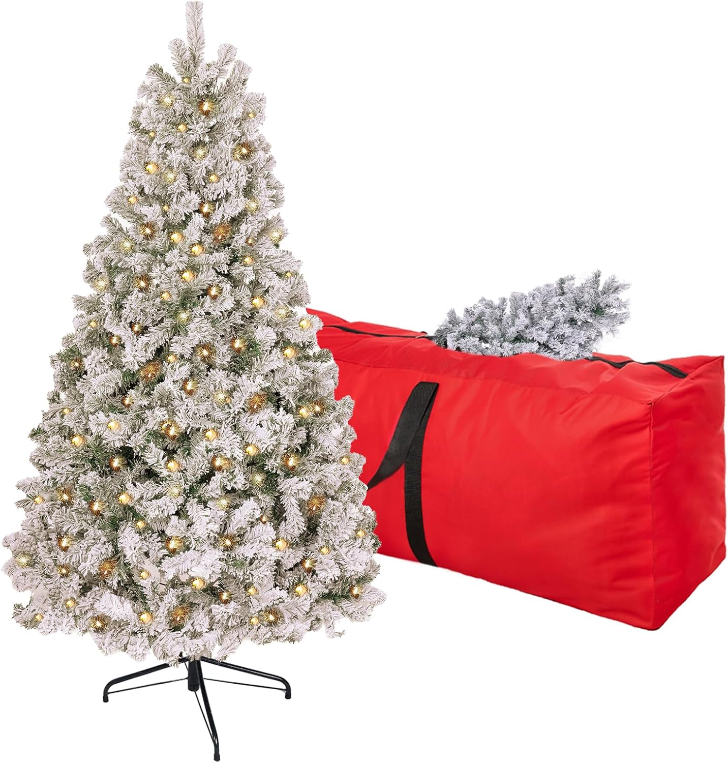 7.5ft Prelit Artificial Flocked Christmas Tree with 500 Lights, Arbol de Navidad with 1400 Branch Tips, Fake Christmas Tree Prelit, Premium Spruce Xmas Tree with Fold-Able Metal Base Stand Flocked 7ft 6in