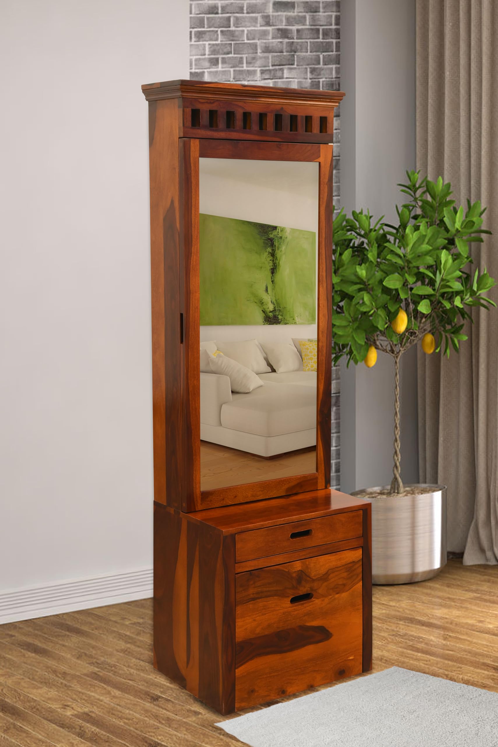 WOODY Furniture™ Sheesham Wood Dressing Table Mirror with Drawer and Cabinet Storage for Bedroom Home Solid Wooden Dressers for Living Room (Honey Finish)-picture-24