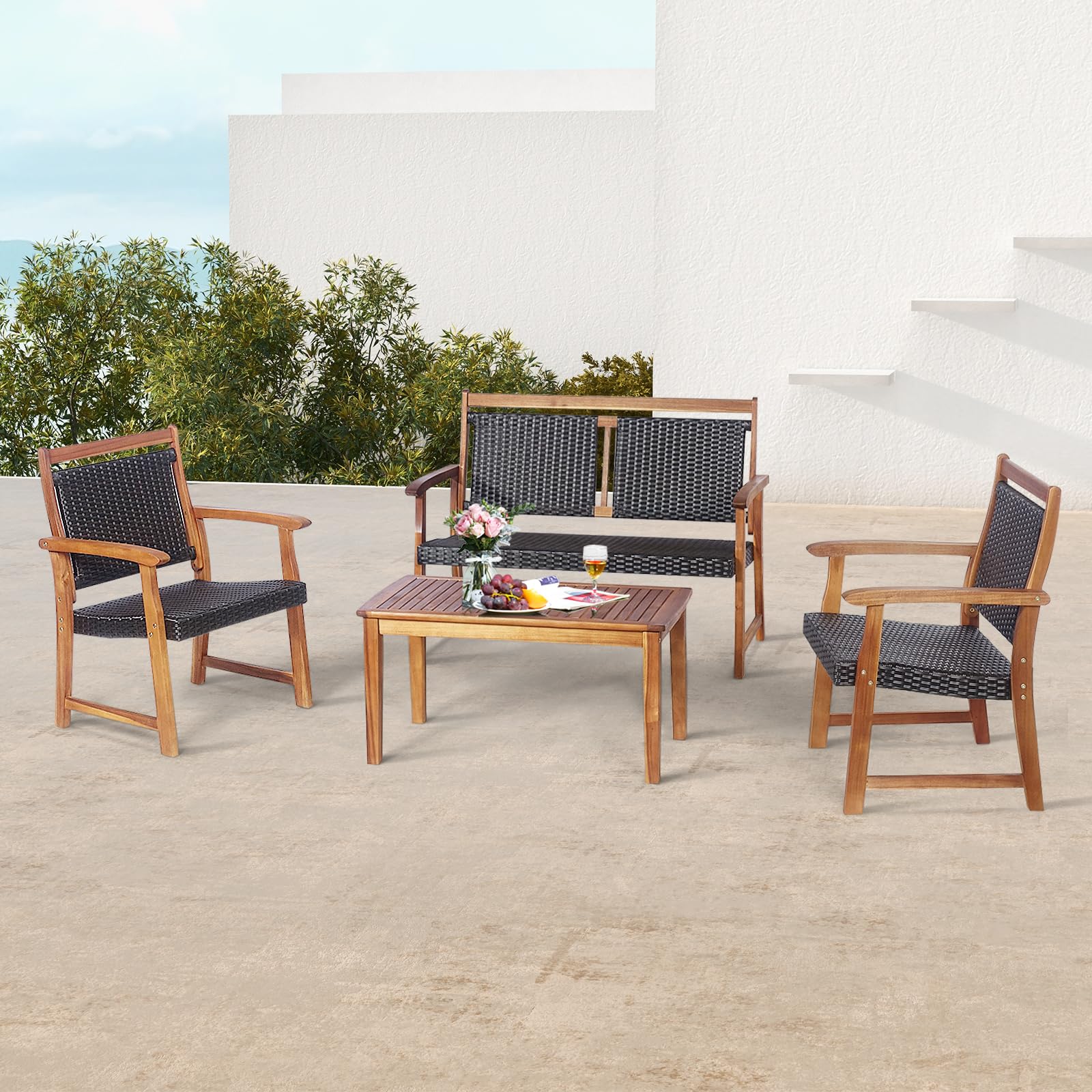 Salon de jardin extérieur GIANTEX ensemble de conversation patio 4 pièces en bois d'acacia