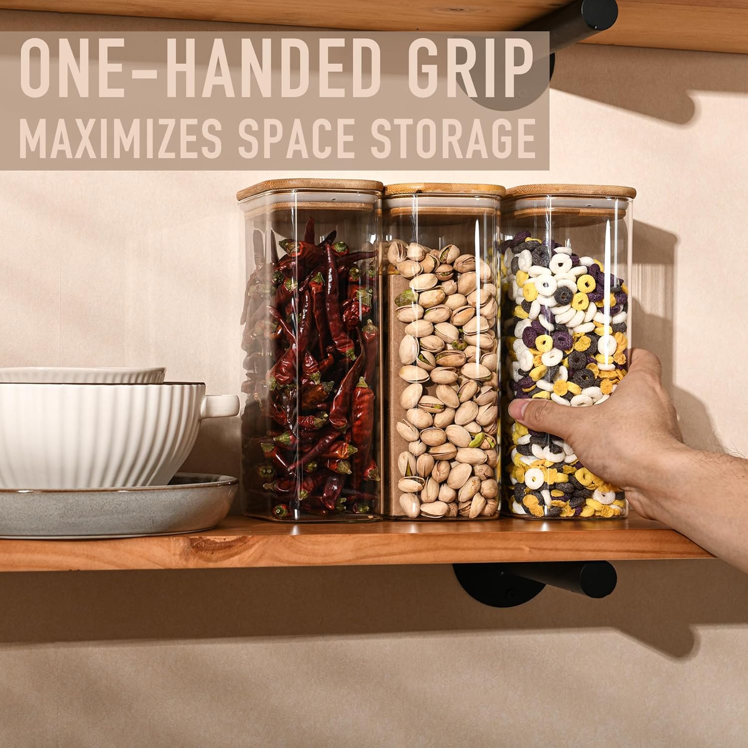 56oz Rectangle Airtight Glass Storage Containers with Bamboo Lids (Set of 3), Square Food Storage Jar, Pantry Organizers for Oats, Cereal, Pasta and Coffee beans (with Black Lable) - Image 3