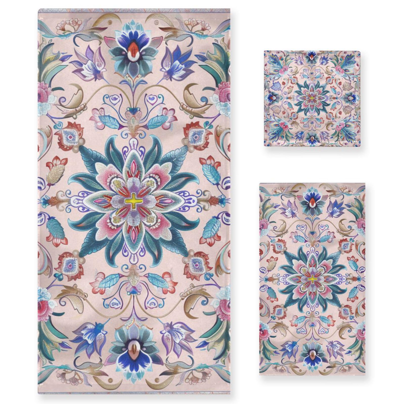 Set di 3 asciugamani morbidi per il viso con fiori di pesco blu, 1 asciugamano da bagno, 1 asciugamano per le mani, 1 panno per la casa, cucina e famiglia