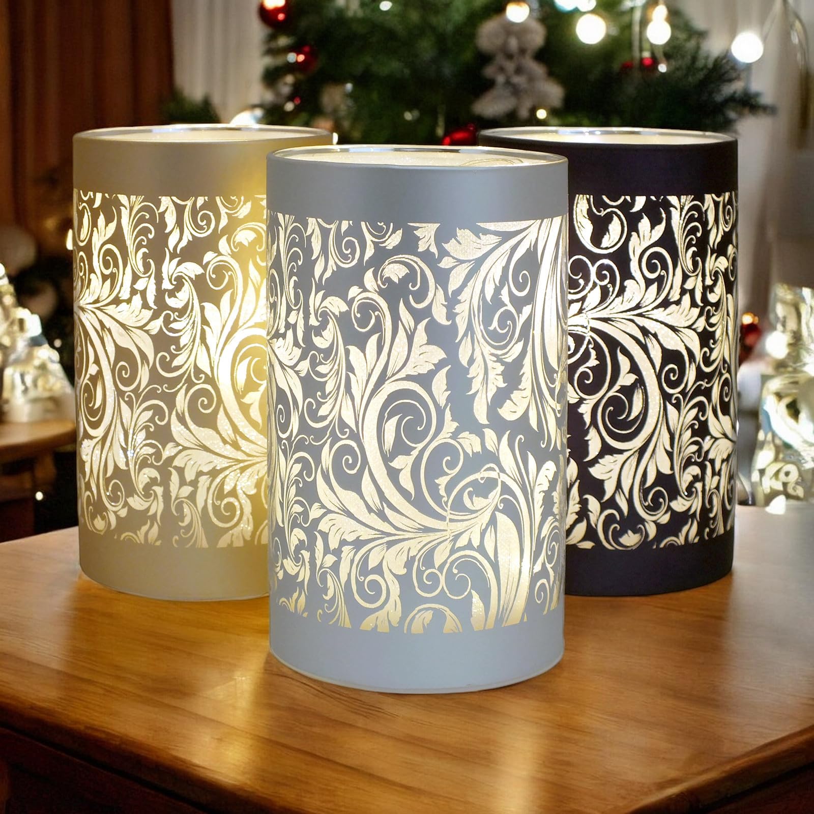 Set of 3 Glass LED Table Lamps with Illuminated Leaves Design | Freestanding Battery Operated Cordless Lights | Metallic Blue, Gold and Silver