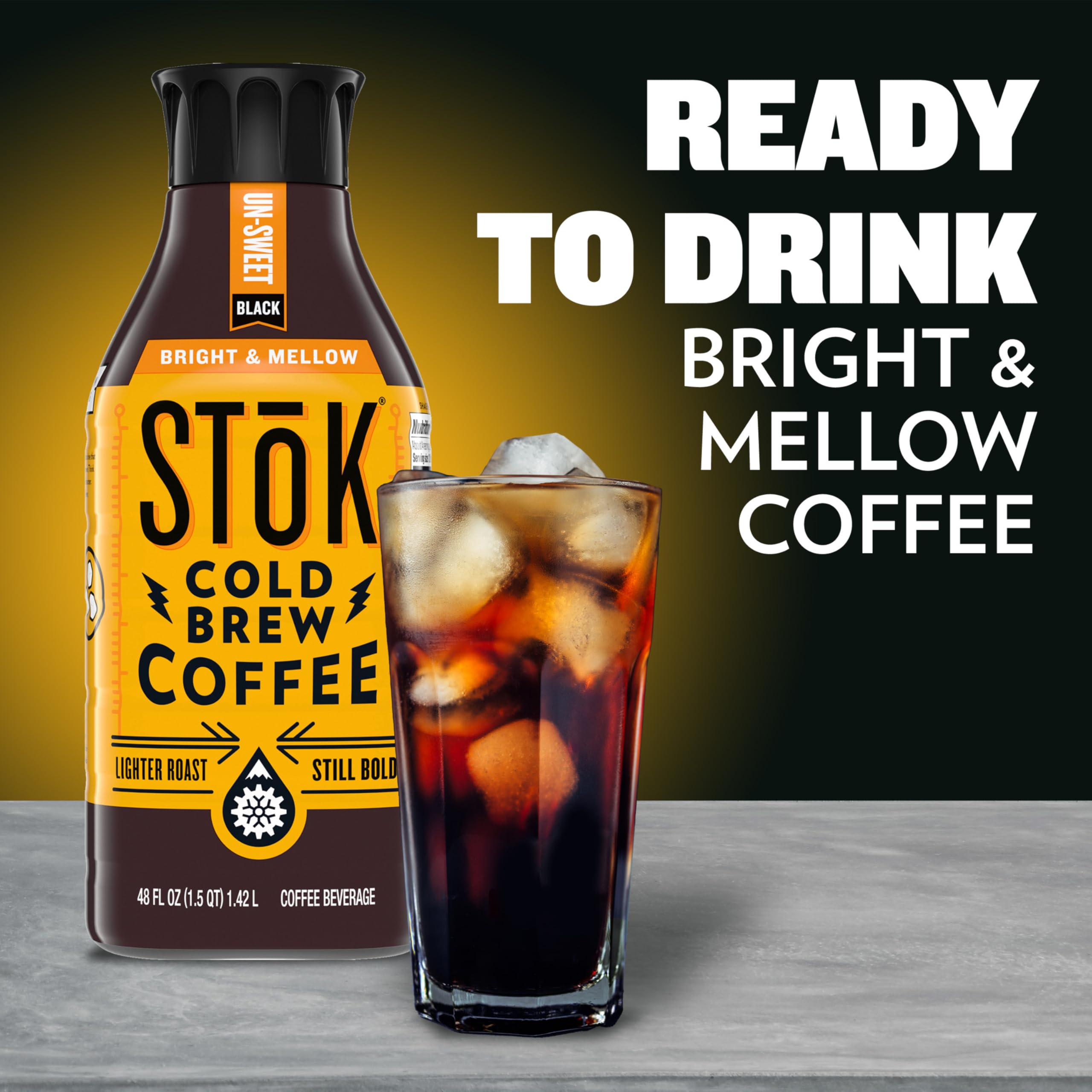 SToK Cold Brew Coffee, Bright & Mellow, Light Roast Brewed Low and Slow, Unsweetened, Black Coffee, 48 FL OZ Bottle