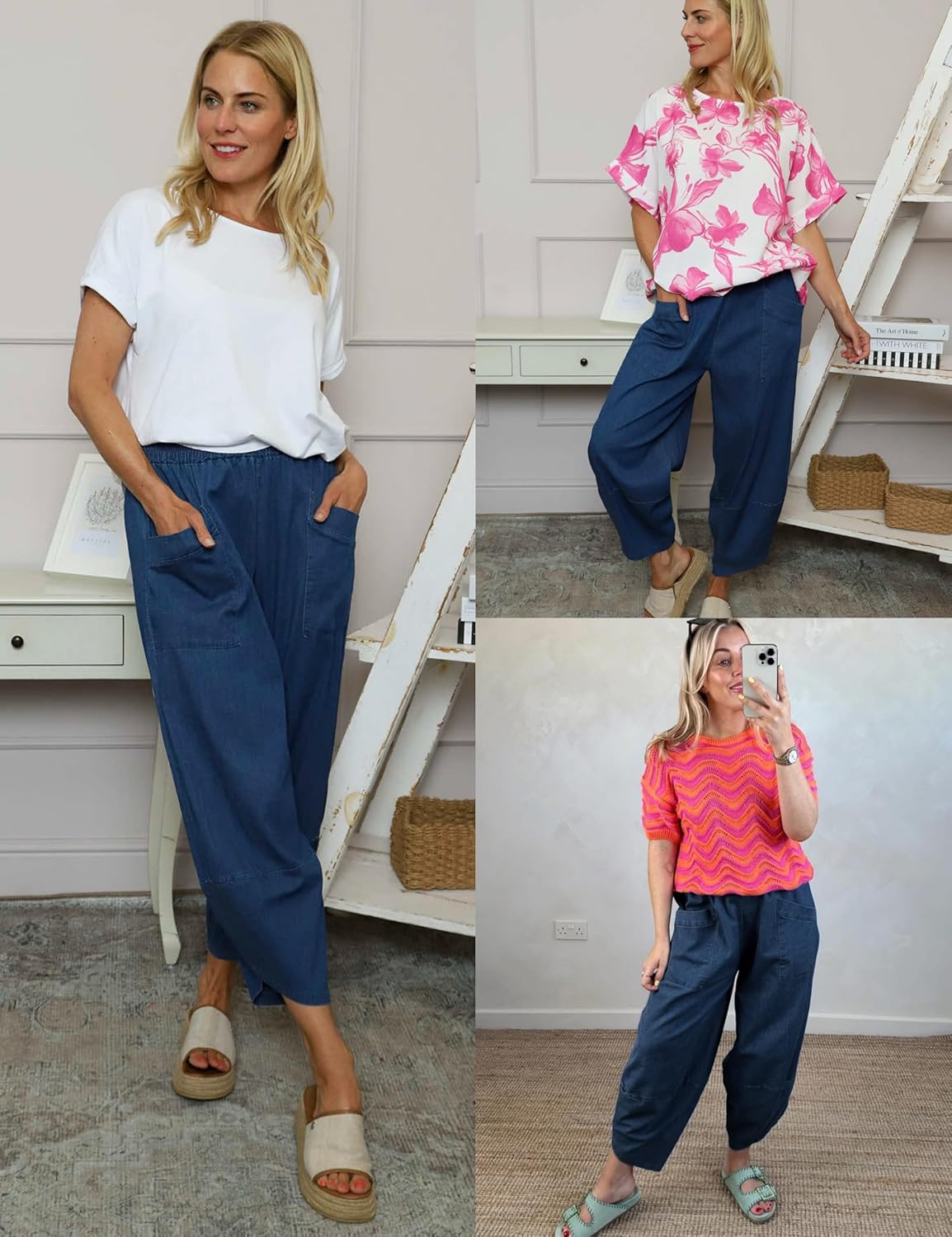 Womens Baggy Wide Leg Denim Pants Elastic Waisted Casual Loose Barrel Jeans with Pockets