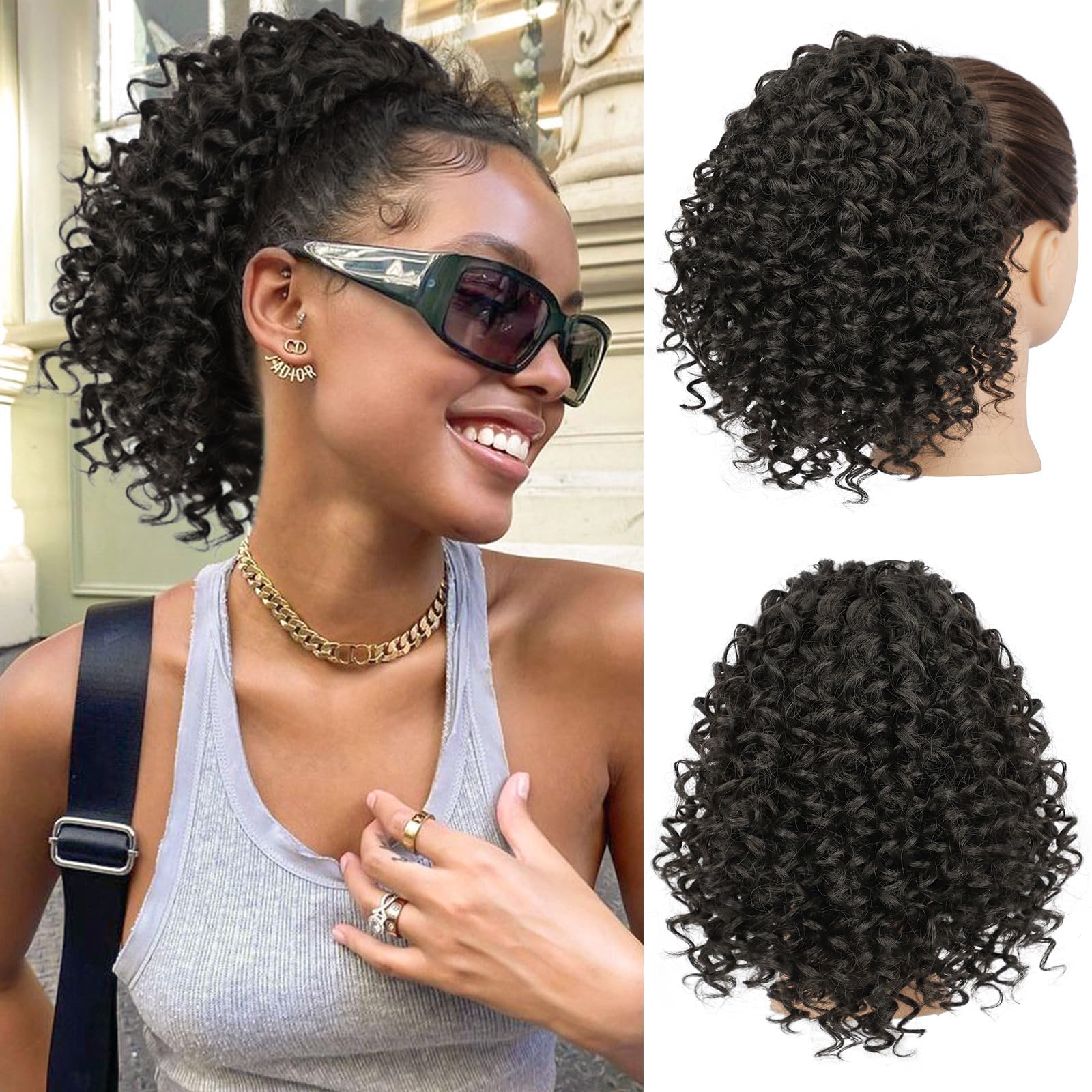 Lommel Ponytail Extension for Black Women,10 Inch Drawstring Ponytail for Black Women Curly Pony Tails Hair Extensions for Womens Afro Kinky Curly
