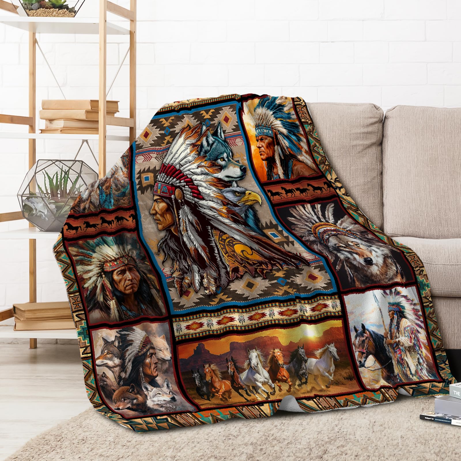 Cacique Native American Indian Flannel Blanket - Super Soft Cozy Southwest Throw for Couch, Travelling, Bed, Camping, Gift - 60"x80"