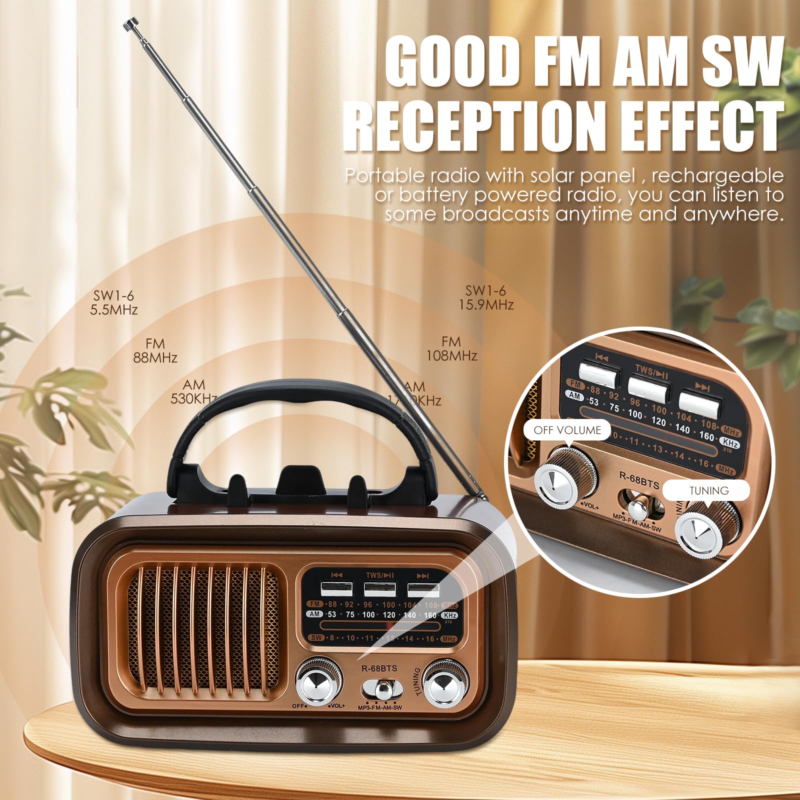 Radio Retro portátil, Radio portátil con Bluetooth, Am/FM/SW Bandas, Batería Recargable y Panel Solar-soporta Tarjeta USB/TF, emparejamiento TWS, diseño portátil para Cocina, baño, Viajes (café)