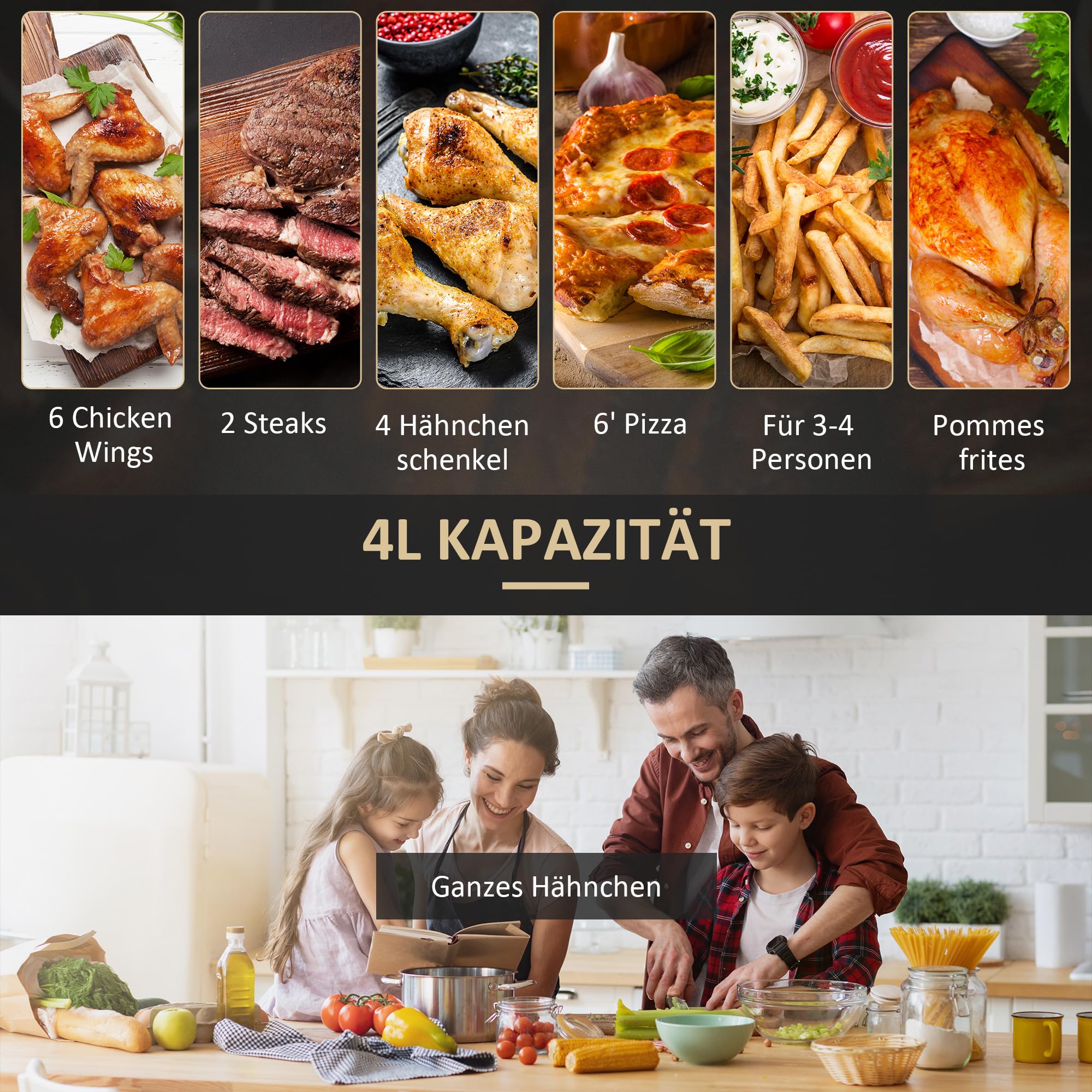 HOMCOM Frytkownica na gorące powietrze, 4 l, 1300 W, 12 programów, timer 60 min, kosz z powłoką zapobiegającą przywieraniu, zabezpieczenie przed przegrzaniem, wyświetlacz LED Touch, frytkownica bez