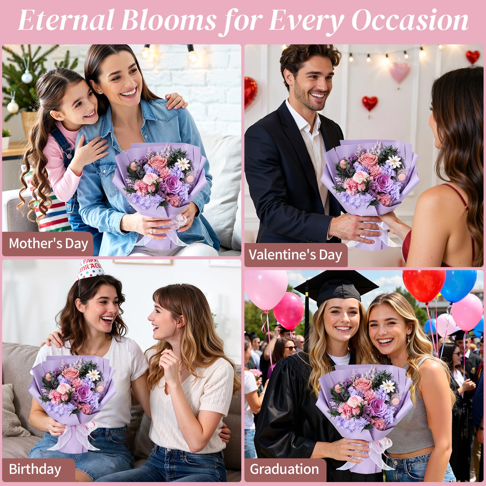 Lewondr Ramo de Flores Conservadas con Jarrón – 2 Rosas y Flores Reales, Ramo Rosas Eternas de Larga Duración, Regalo Eterno para Madre, Esposa, San Valentín Aniversario o Cumpleaños, Morado