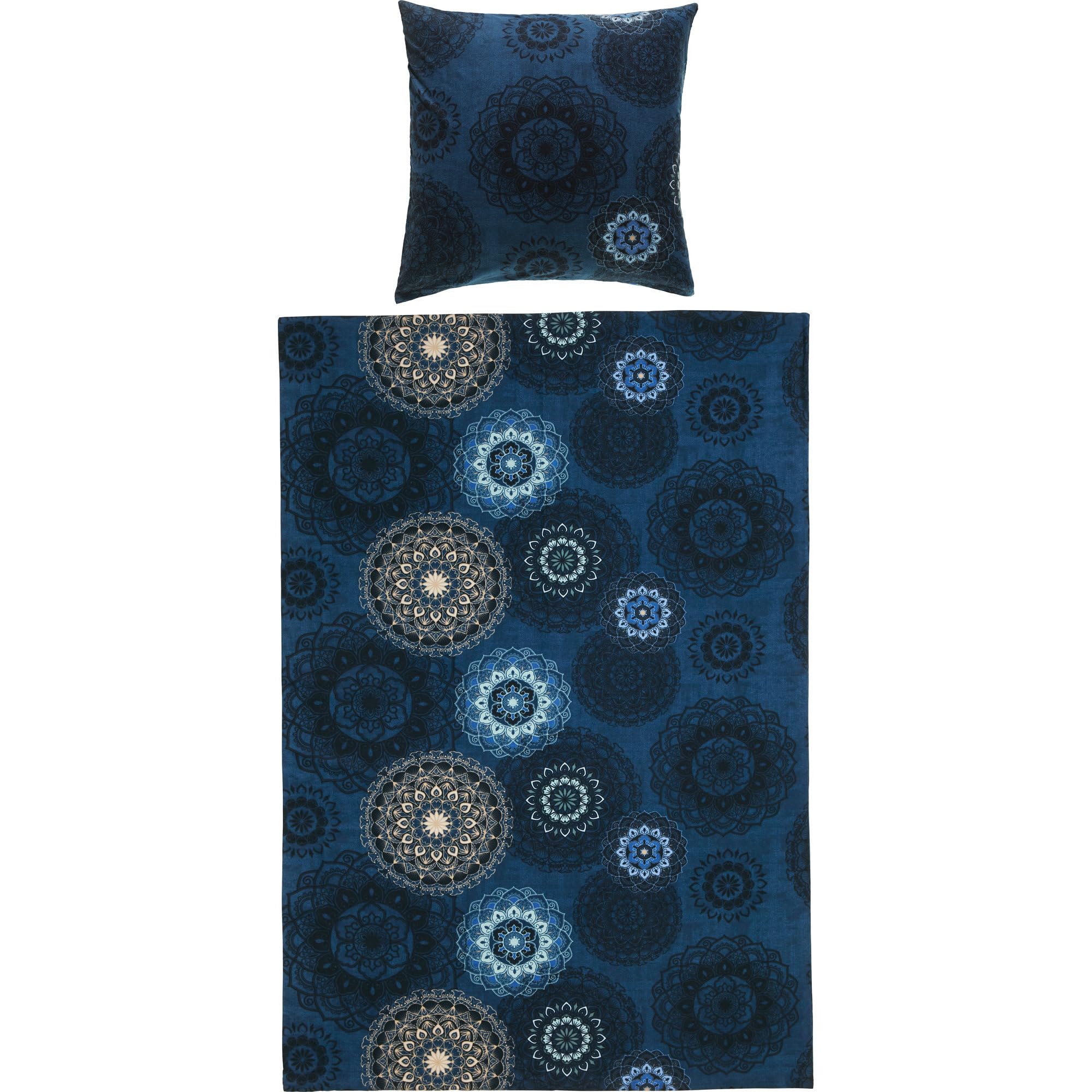 Erwin Müller Bettwäsche Sparpaket 4-TLG. Mako-Satin Mandala dunkelblau Größe 80x80 cm / 135x200 cm - feinfädig, temperaturausgleichend, atmungsaktiv, 100% Baumwolle, mit Reißverschluss