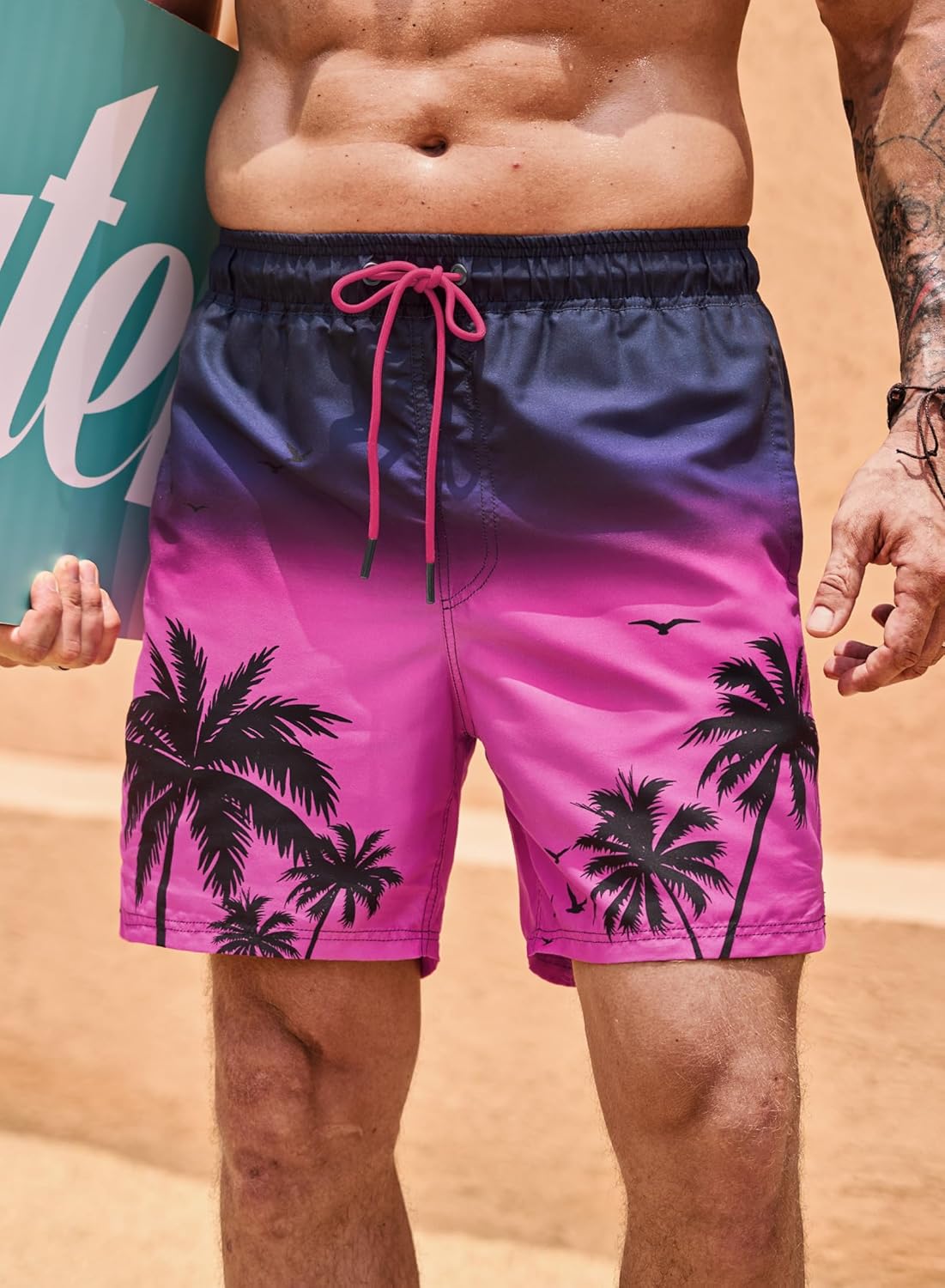 Men Swim Trunks Quick Dry Graphic Compression Liner 6'' Inseam Beach Summer Board Shorts (S-XXL)